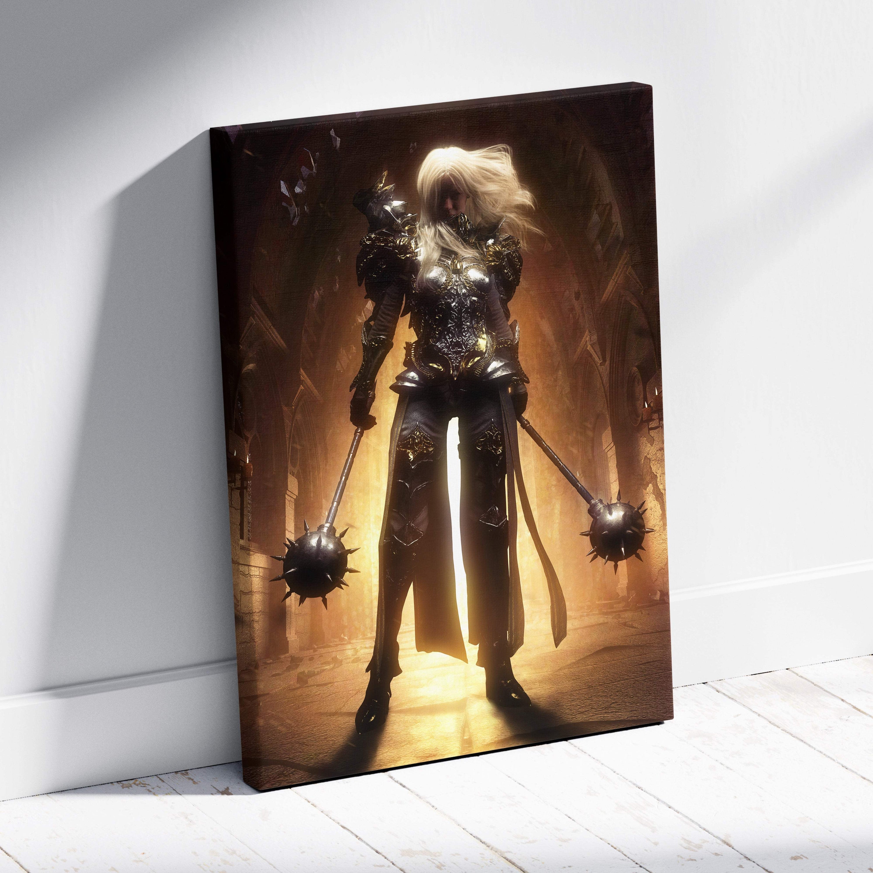 Dark gothic warrior queen canvas wall art featuring black and gold armored female knight with dual spiked maces