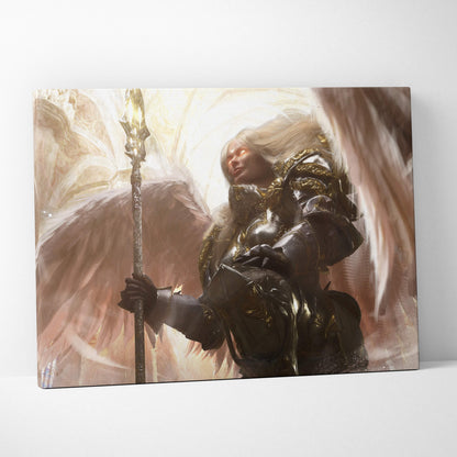 Divine angel warrior canvas art featuring a fantasy warrior with white hair golden armor and large feathered wings holding a staff