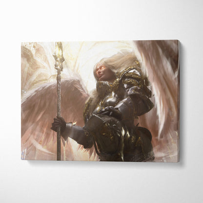 Canvas print of a fantasy angel warrior in ornate dark armor with gold accents holding a glowing staff against light