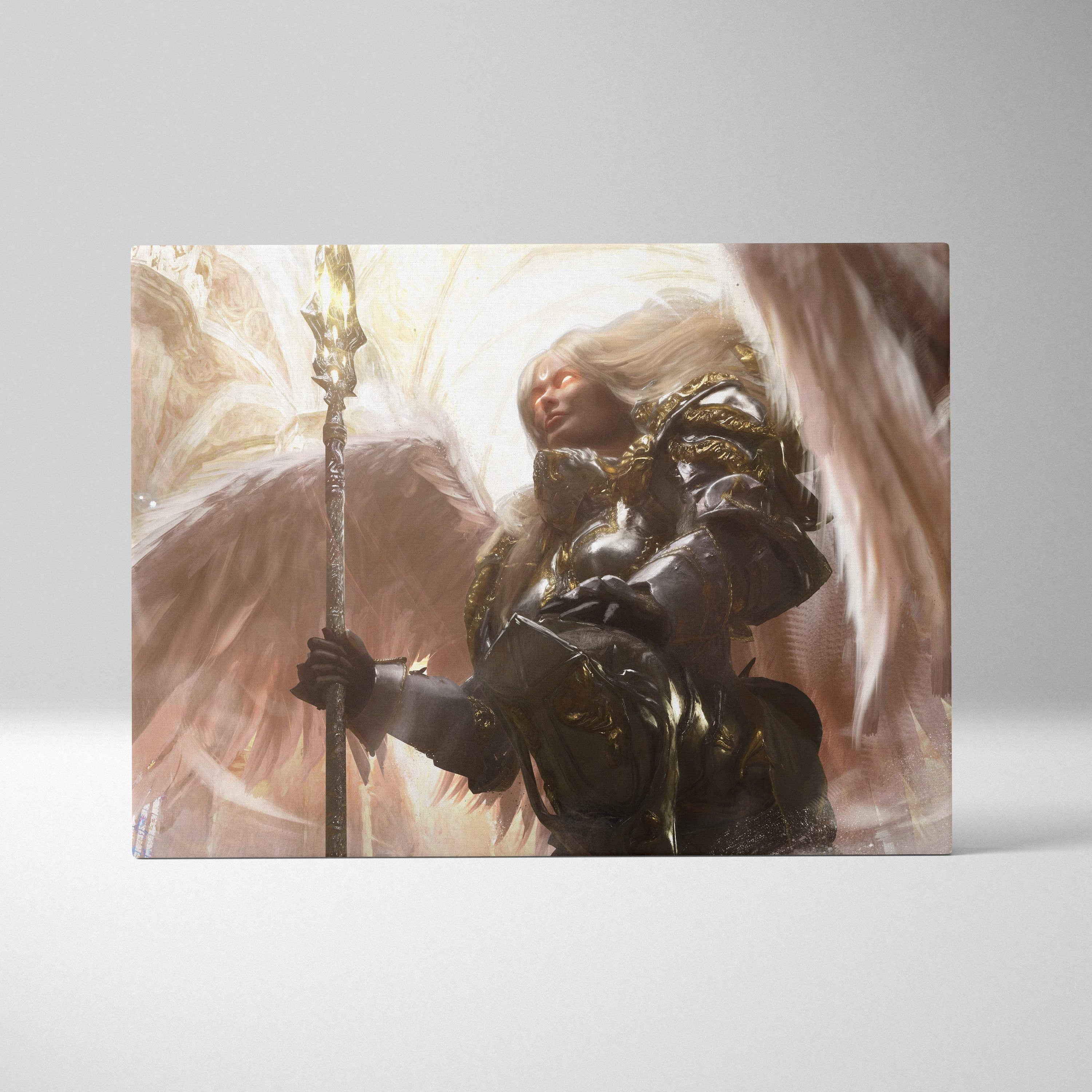 A rectangular canvas print of a fantasy warrior angel in dark ornate armor with gold accents and large feathered wings