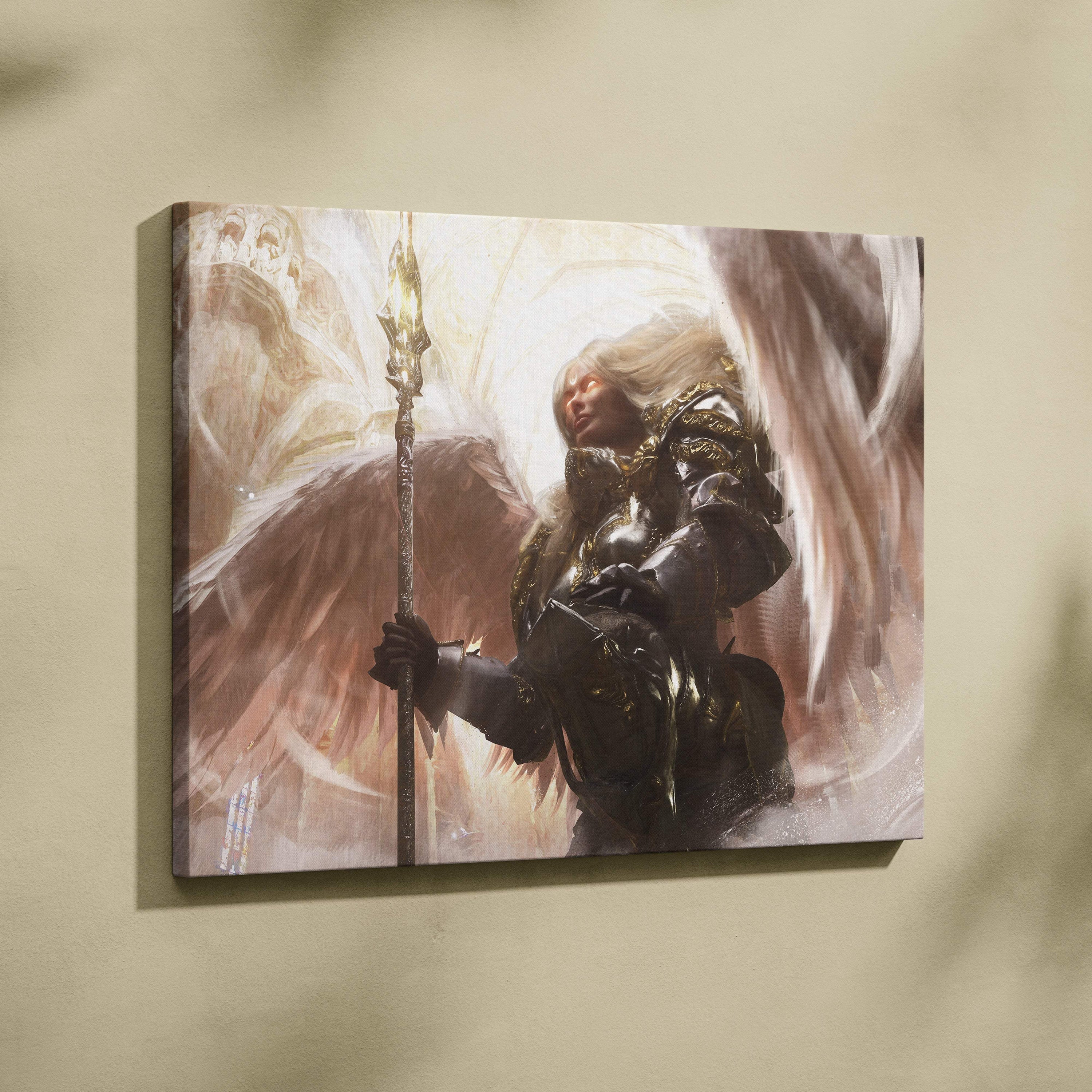 A framed canvas print of a divine angel warrior in black and gold armor with glowing staff and ethereal wings