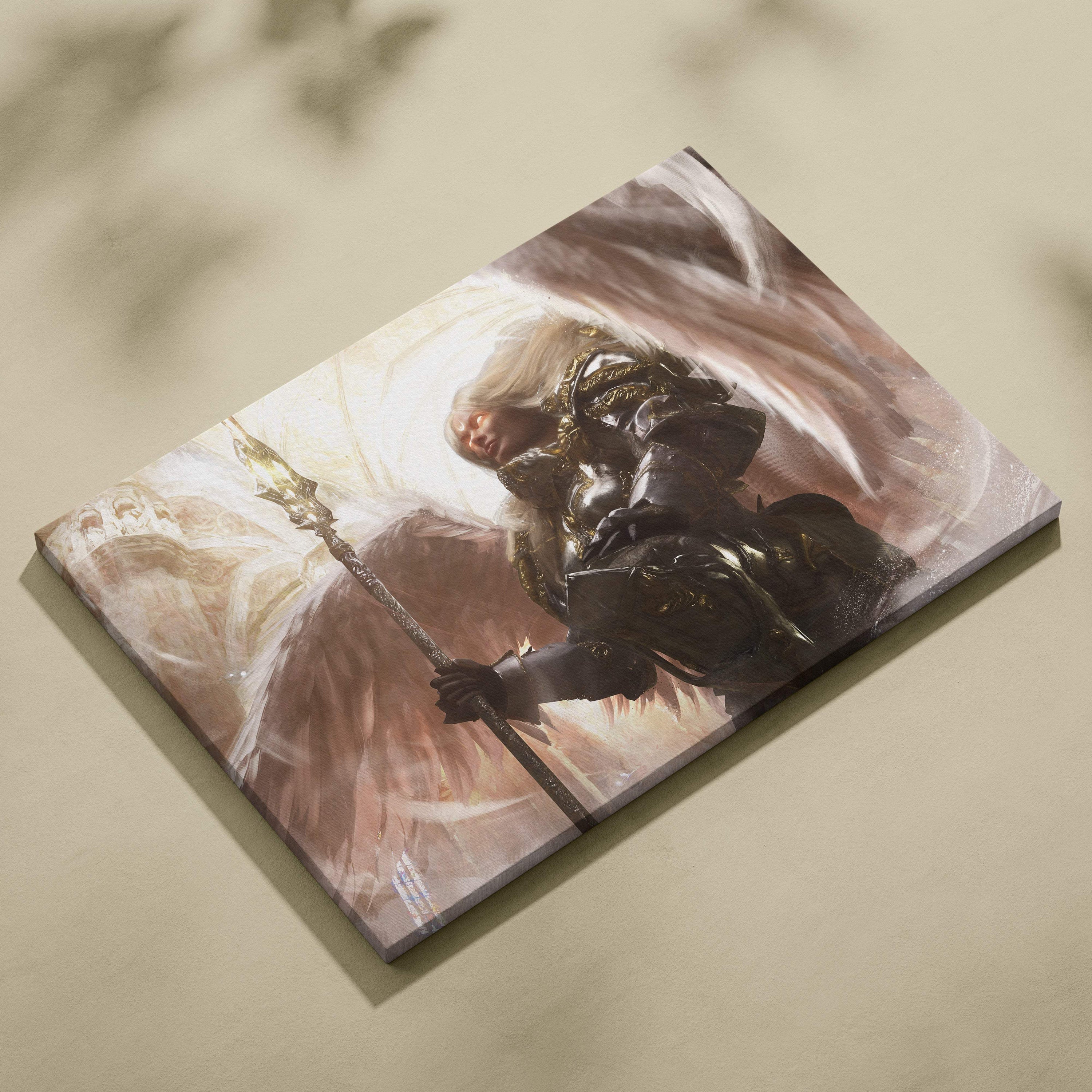 Divine angel warrior canvas art featuring a dark-armored angel with white wings and glowing red eyes holding a golden staff