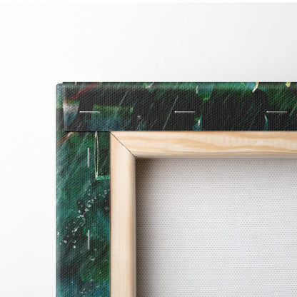 A minimalist wooden frame encases a canvas print of cyberpunk assassin girl with green neon and black marbled design
