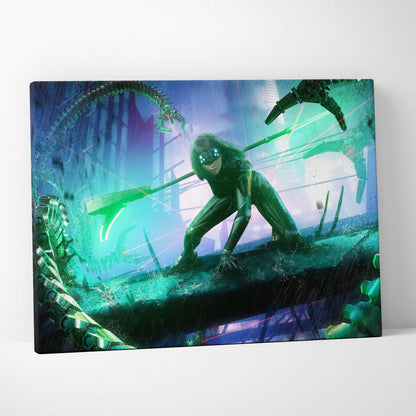 Vibrant teal and purple cyberpunk assassin girl canvas art featuring a futuristic green armor warrior with glowing weapons