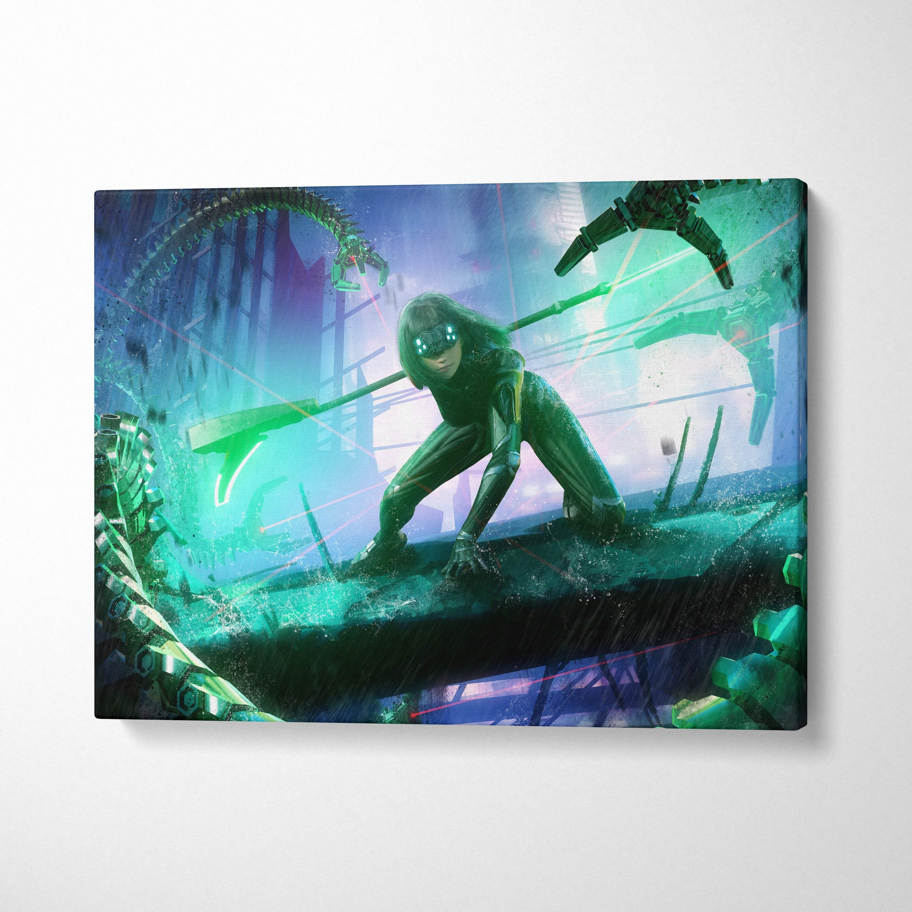 Cyberpunk assassin girl canvas art featuring a futuristic green neon warrior in sleek armor with glowing weapons