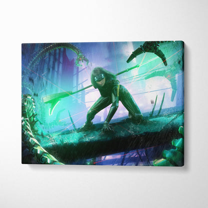Cyberpunk assassin girl canvas art featuring a futuristic green neon warrior in sleek armor with glowing weapons
