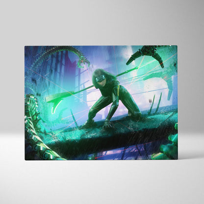Vibrant digital canvas art of a futuristic black and green cyberpunk assassin girl with glowing weaponry and robotic serpents