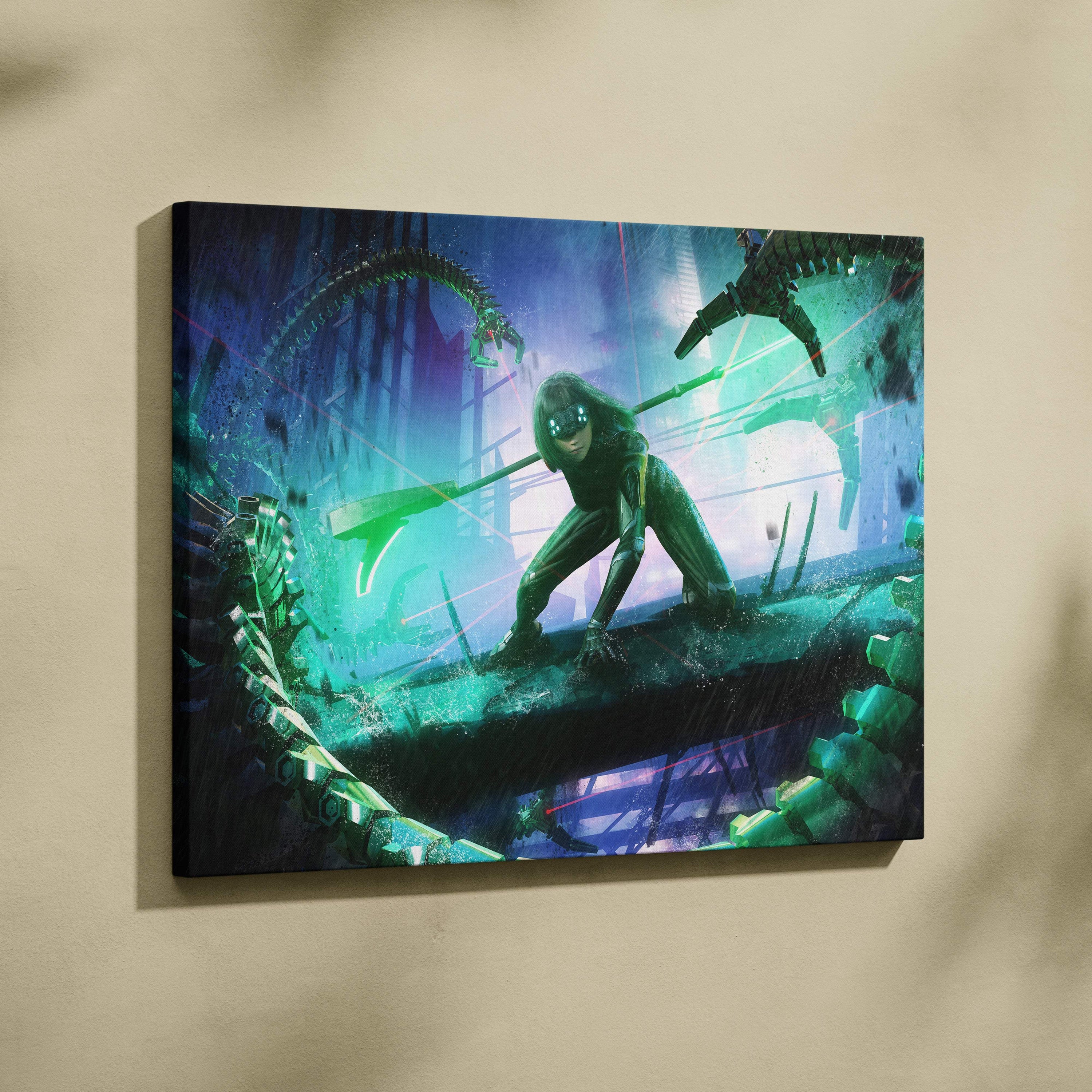 A vibrant canvas print of a green neon cyberpunk assassin girl in action amid glowing city ruins wall decor