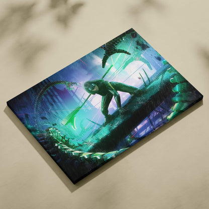 Vibrant rectangular canvas print featuring a cyberpunk assassin girl in glowing green neon with robotic serpents in a sci-fi city