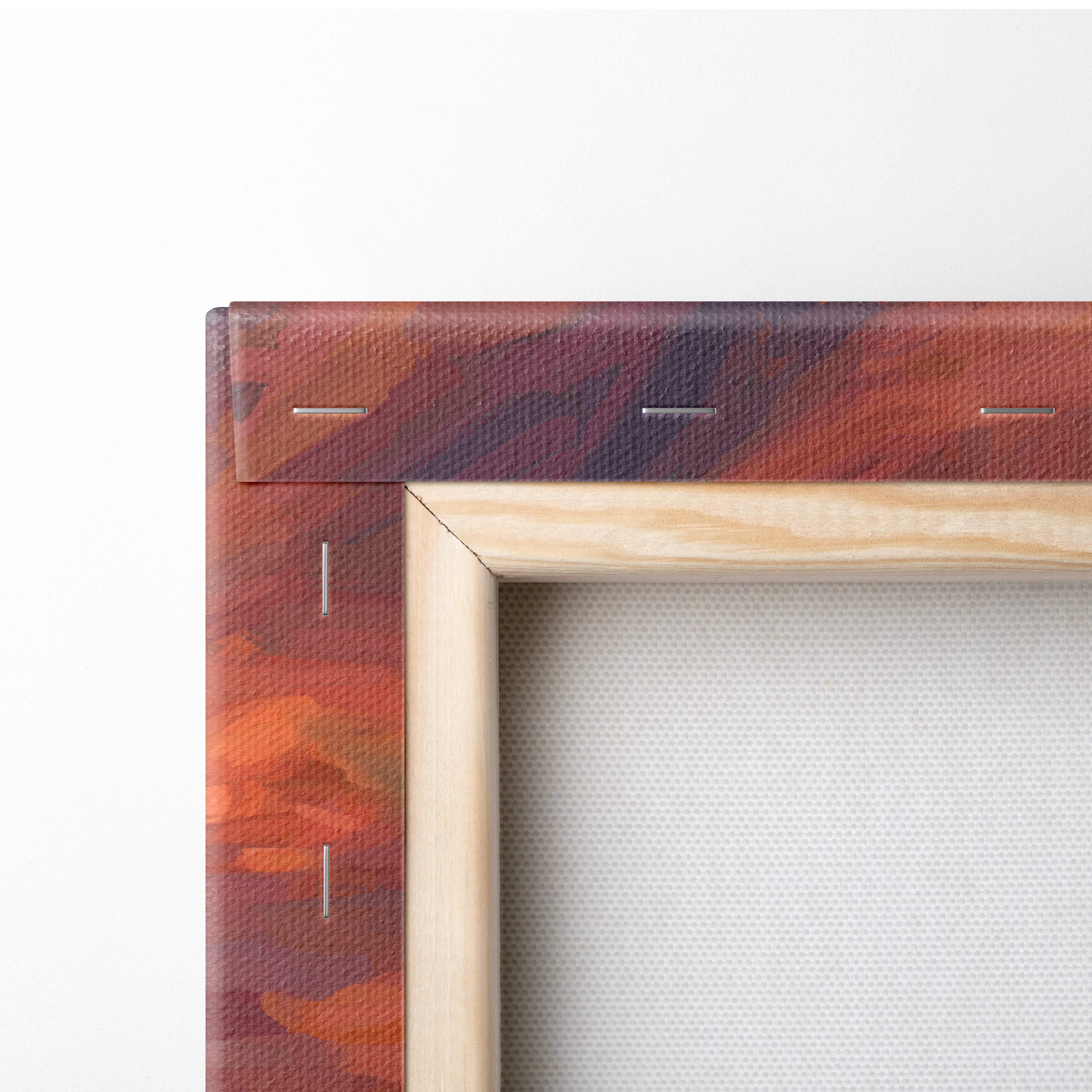 Wooden-framed canvas art with textured abstract design in reds and purples from rampaging panda beast series