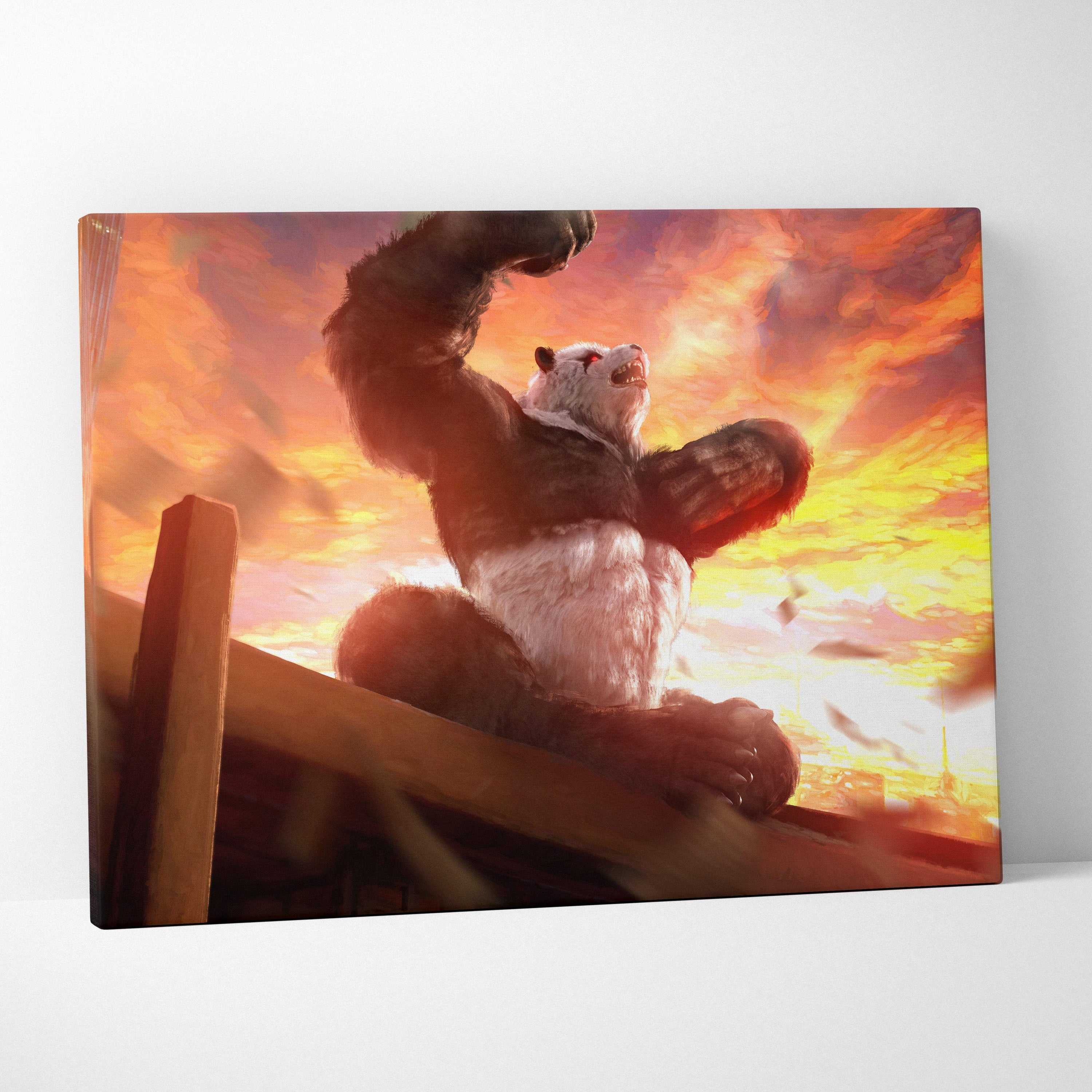Vibrant canvas print of a muscular black and white panda with red eyes against a fiery orange and yellow sunset sky