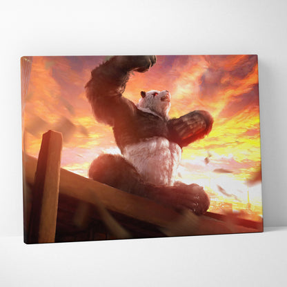 Vibrant canvas print of a muscular black and white panda with red eyes against a fiery orange and yellow sunset sky