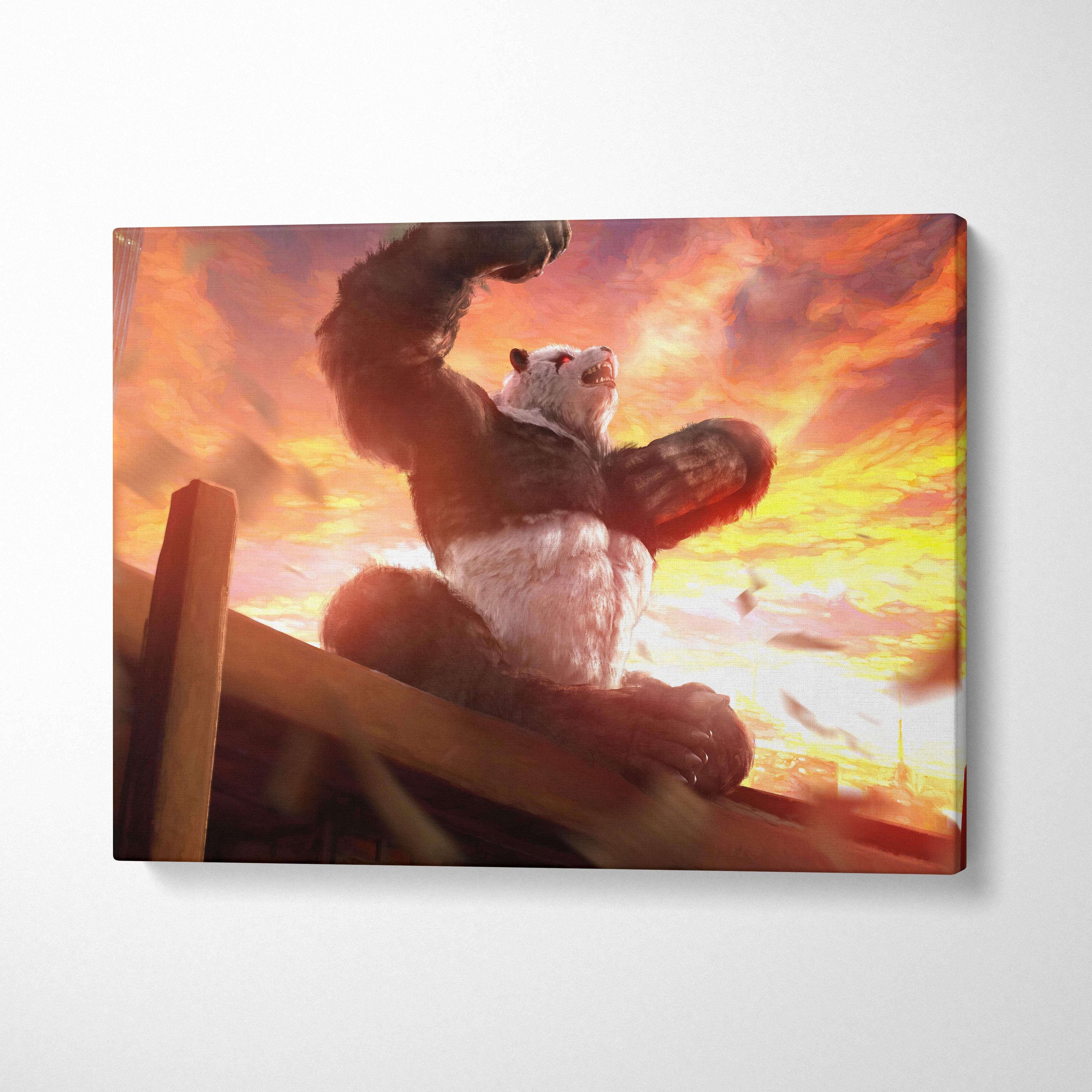 Rampaging panda beast canvas print of a muscular black and white panda roaring against a fiery orange sunset sky