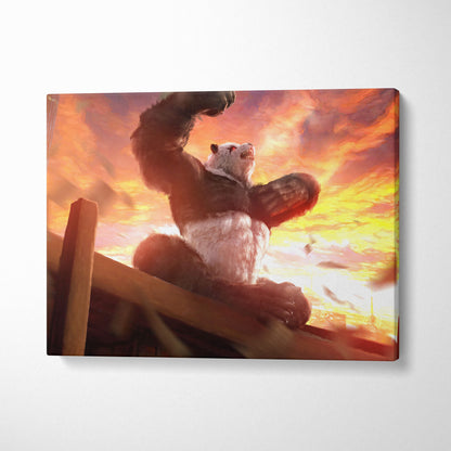 Rampaging panda beast canvas print of a muscular black and white panda roaring against a fiery orange sunset sky
