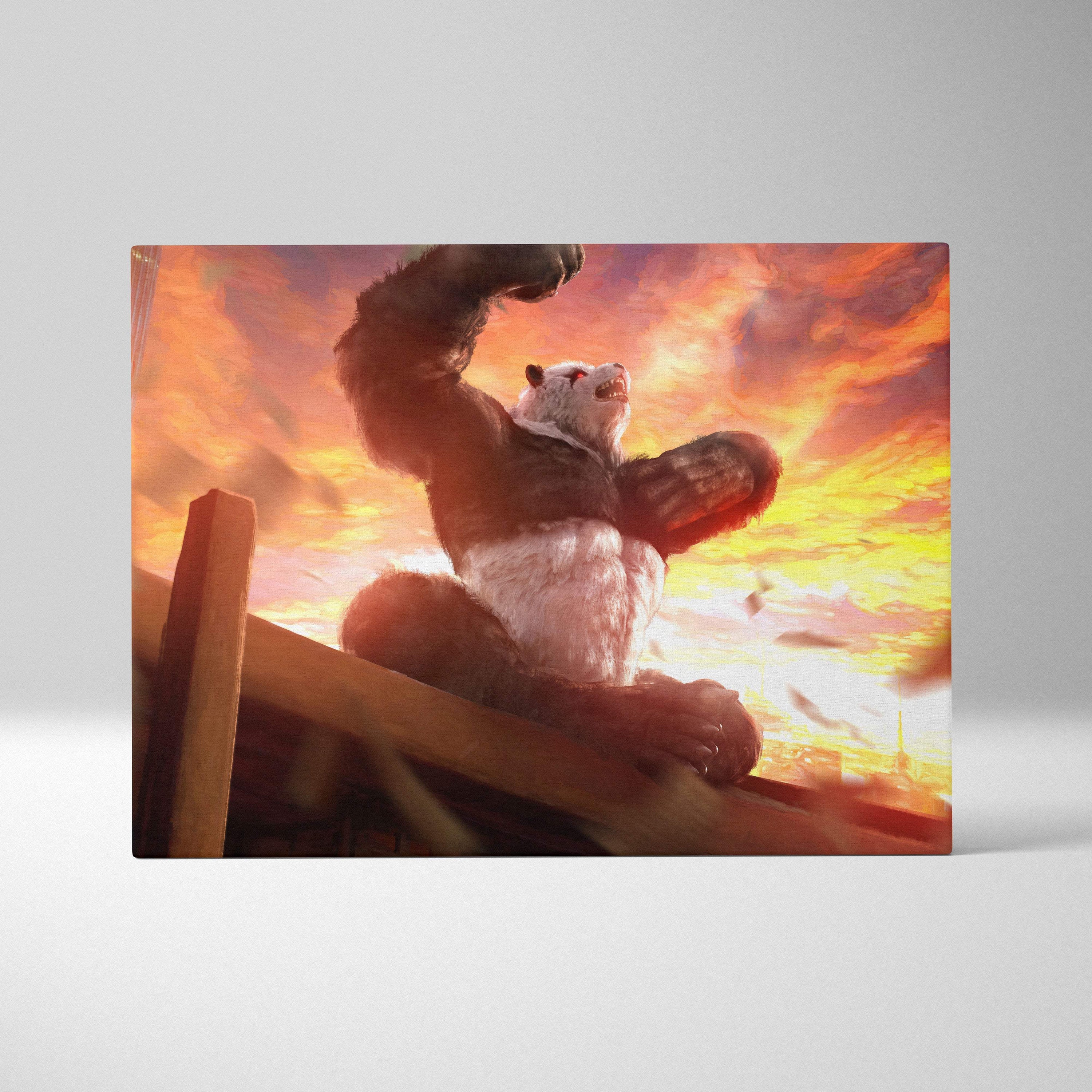 Rectangular canvas print of a black and white muscular panda with red eyes against a fiery orange sunset sky