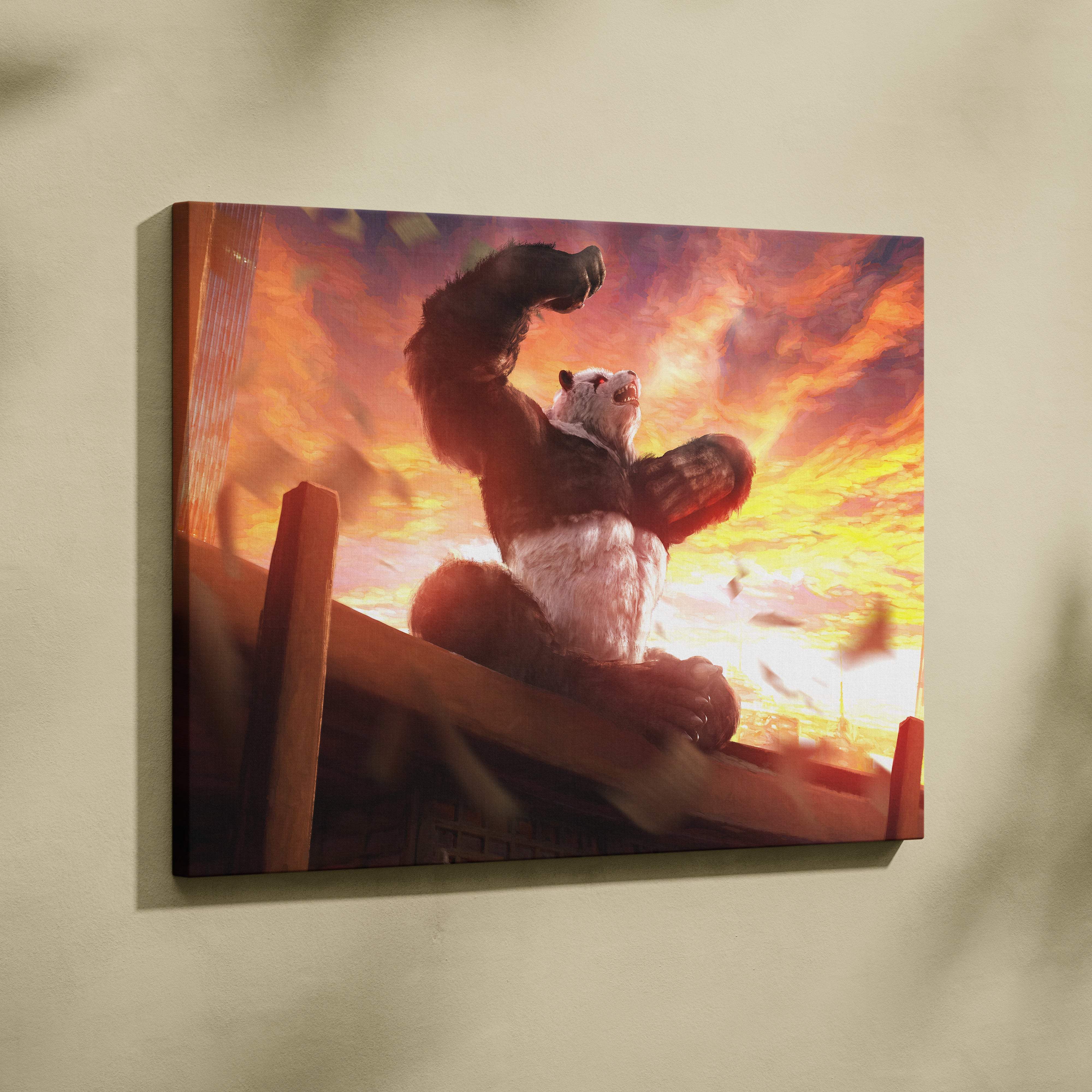 A vibrant canvas print of a muscular panda in action against a fiery orange red sunset sky for wall decor