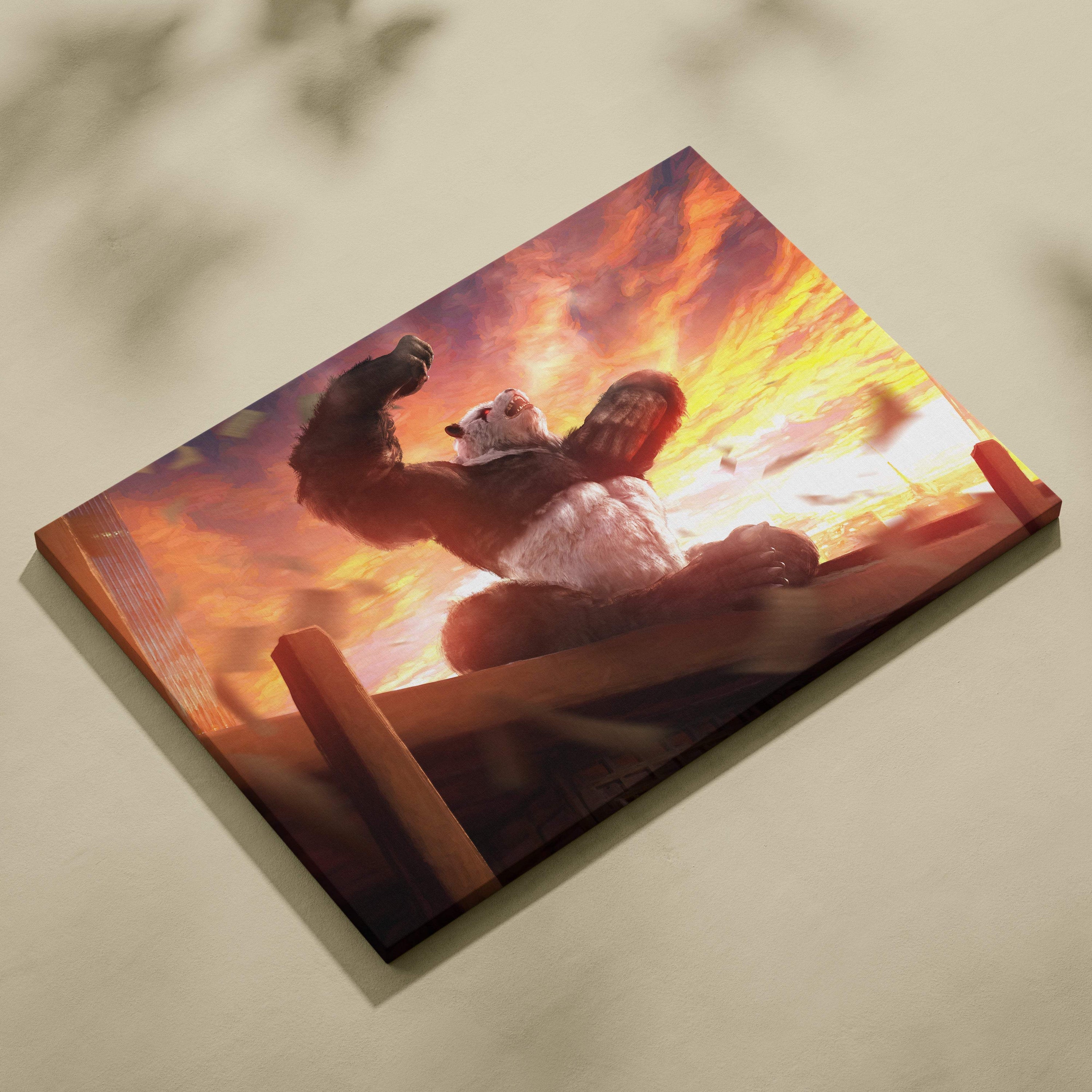 Vibrant canvas print of a rampaging panda and gorilla fight with fiery orange sunset sky and city destruction backdrop