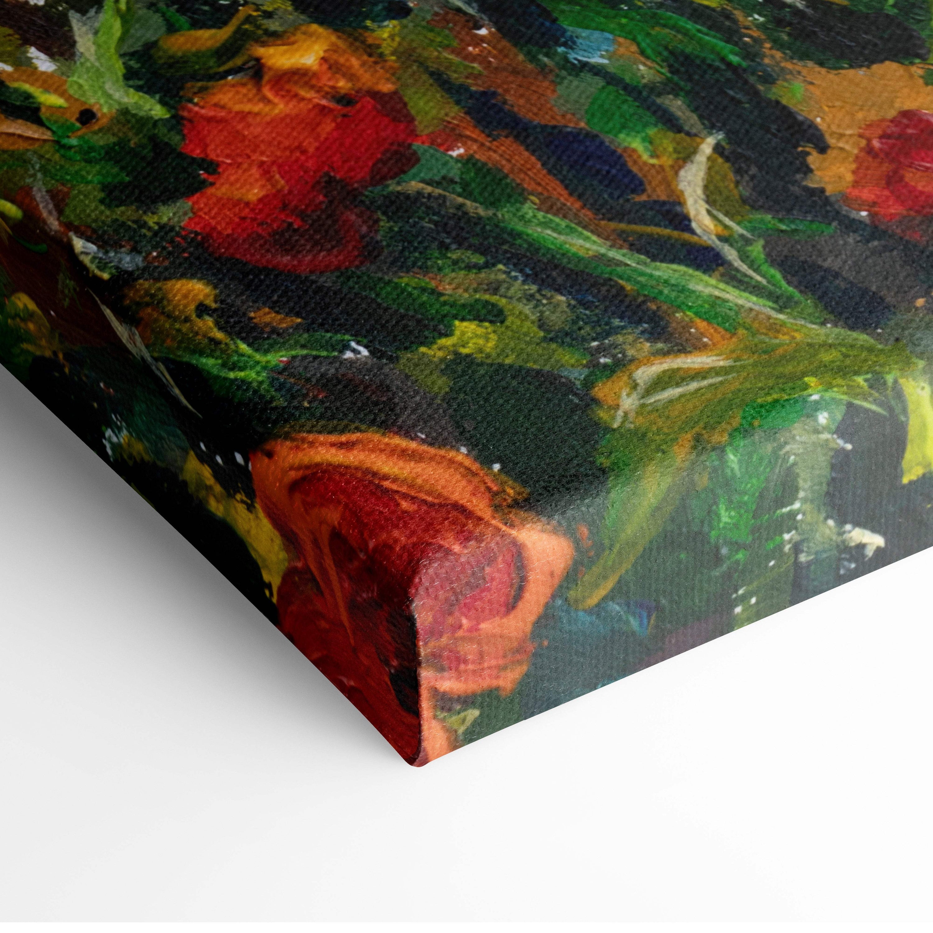 Romantic heart shaped tree painting style wall art with vibrant red orange and green floral brushstrokes on dark canvas