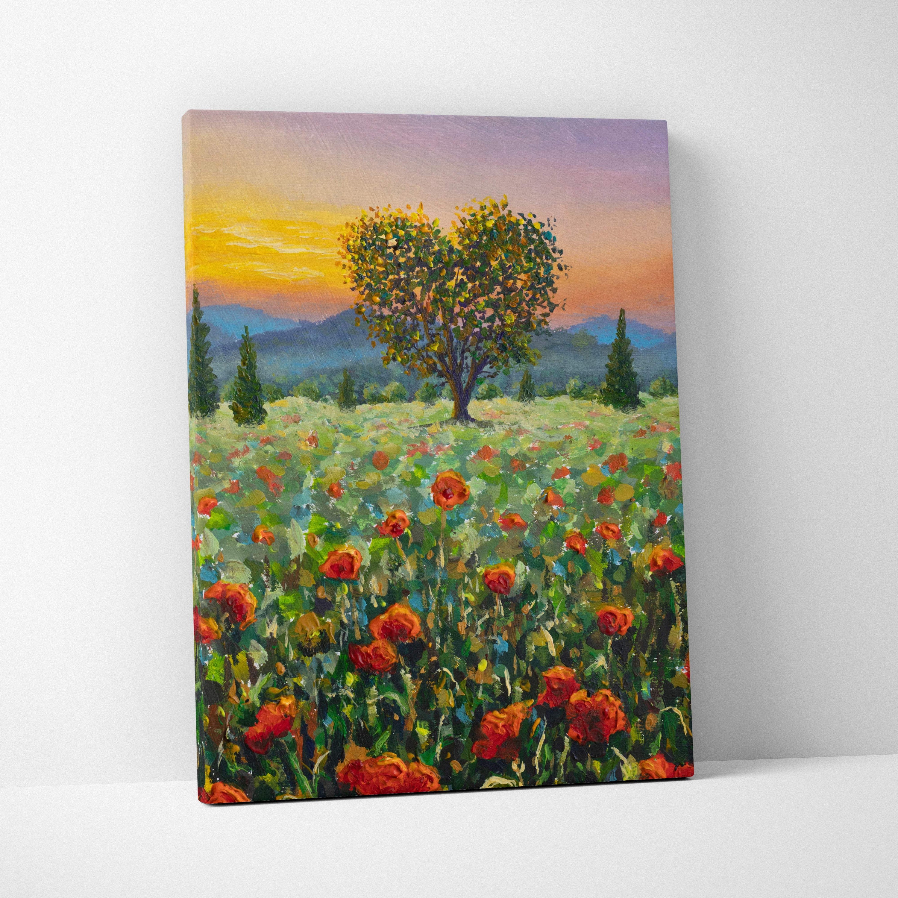 A vibrant impressionist canvas print of a heart-shaped tree in a red poppy meadow at sunset with rolling hills