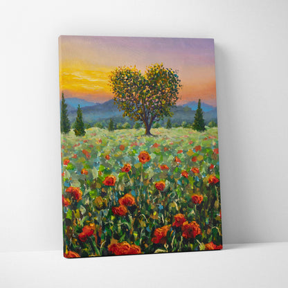 A vibrant impressionist canvas print of a heart-shaped tree in a red poppy meadow at sunset with rolling hills