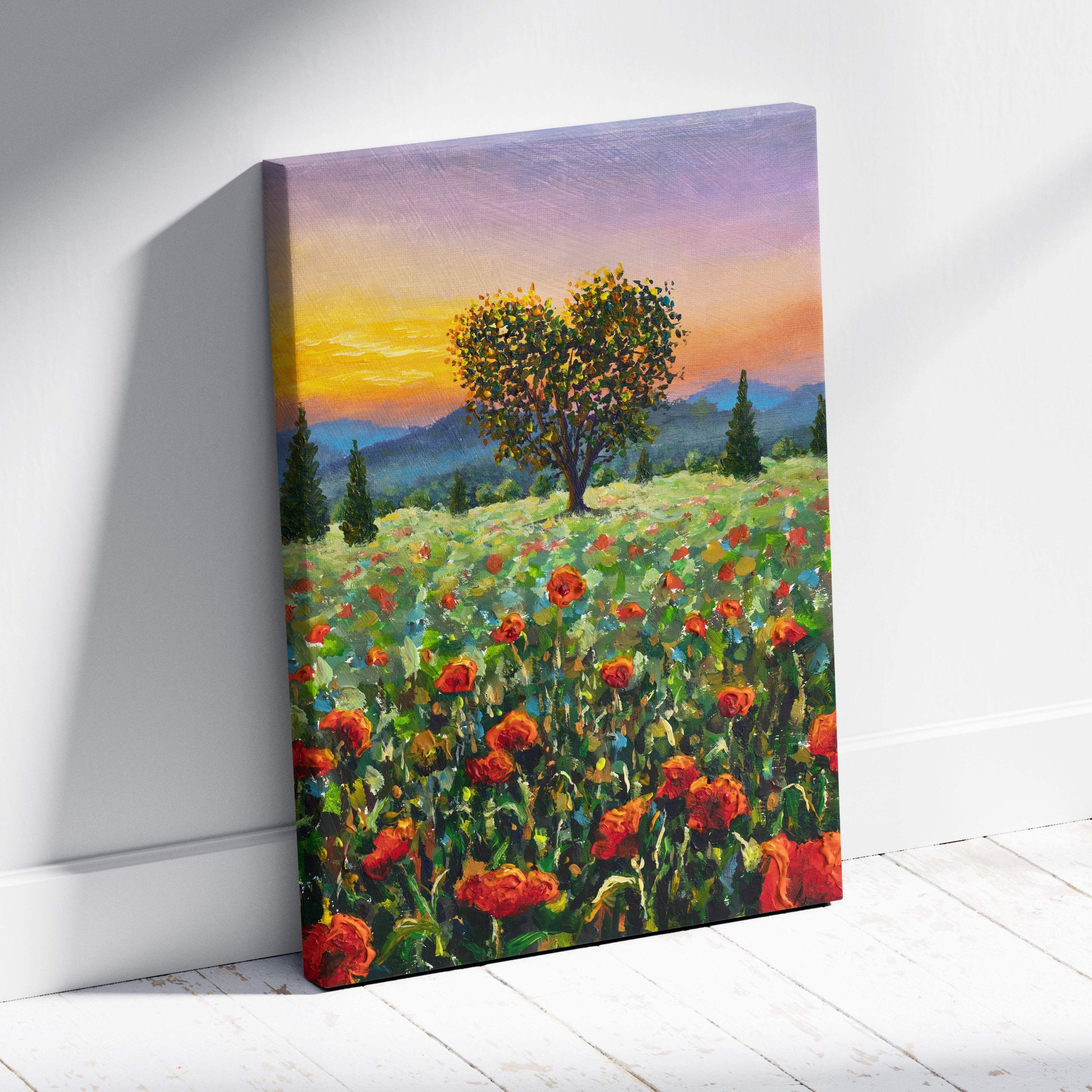 A vibrant canvas print of a heart-shaped tree in a red poppy field under a warm golden sunset sky