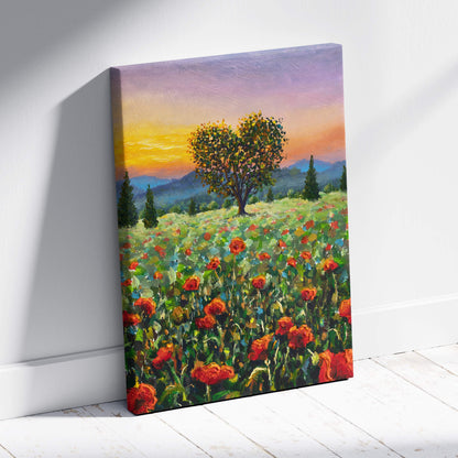 A vibrant canvas print of a heart-shaped tree in a red poppy field under a warm golden sunset sky
