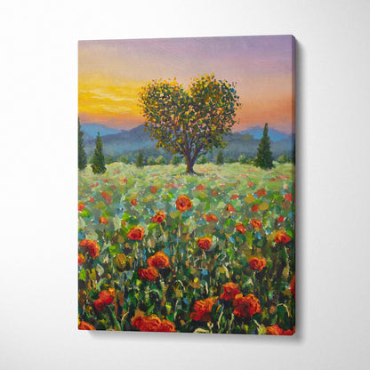 Romantic heart-shaped tree canvas wall art with red poppies and warm golden sunset sky in impressionist style