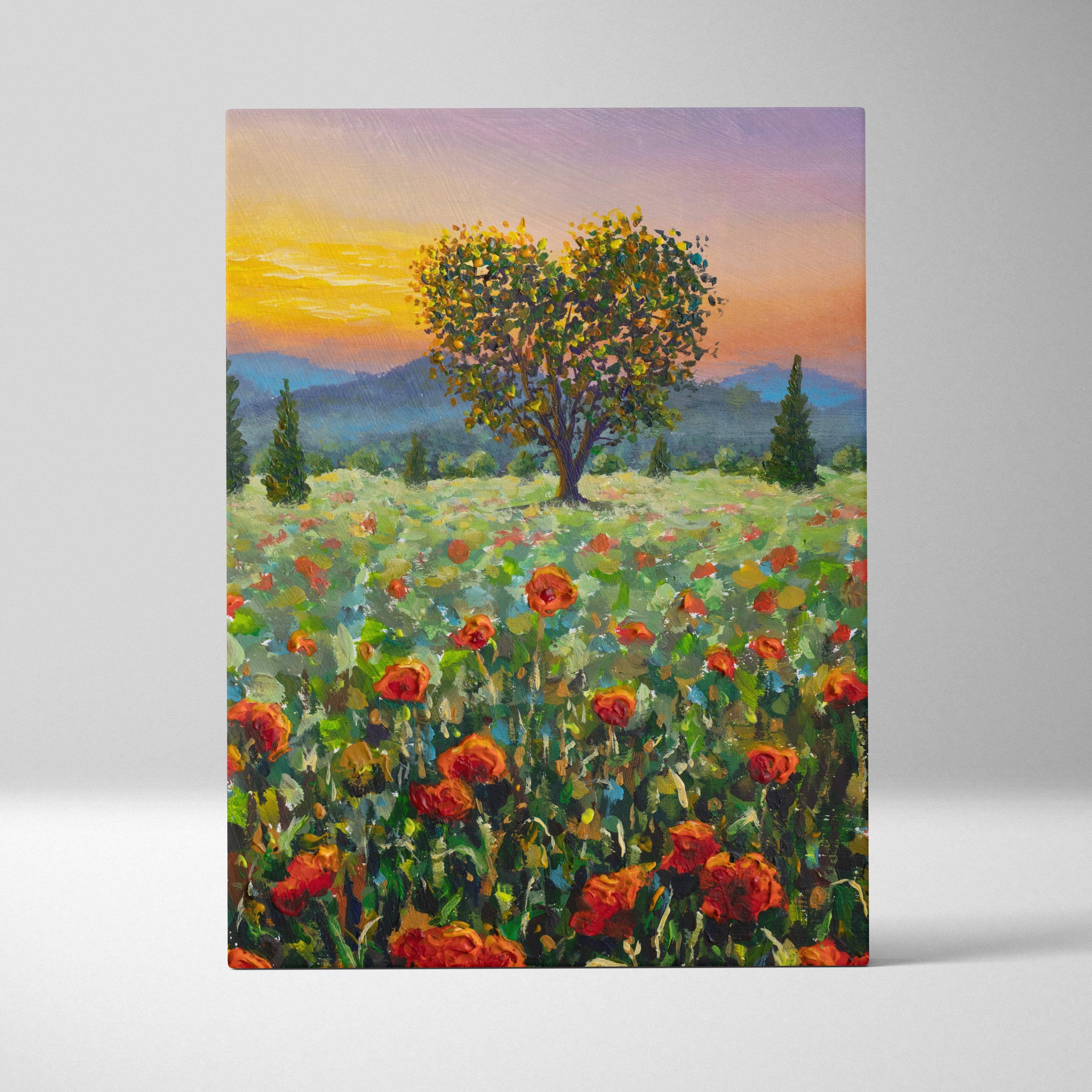 A vibrant impressionist canvas painting of a heart-shaped tree in a red poppy field under a warm sunset sky