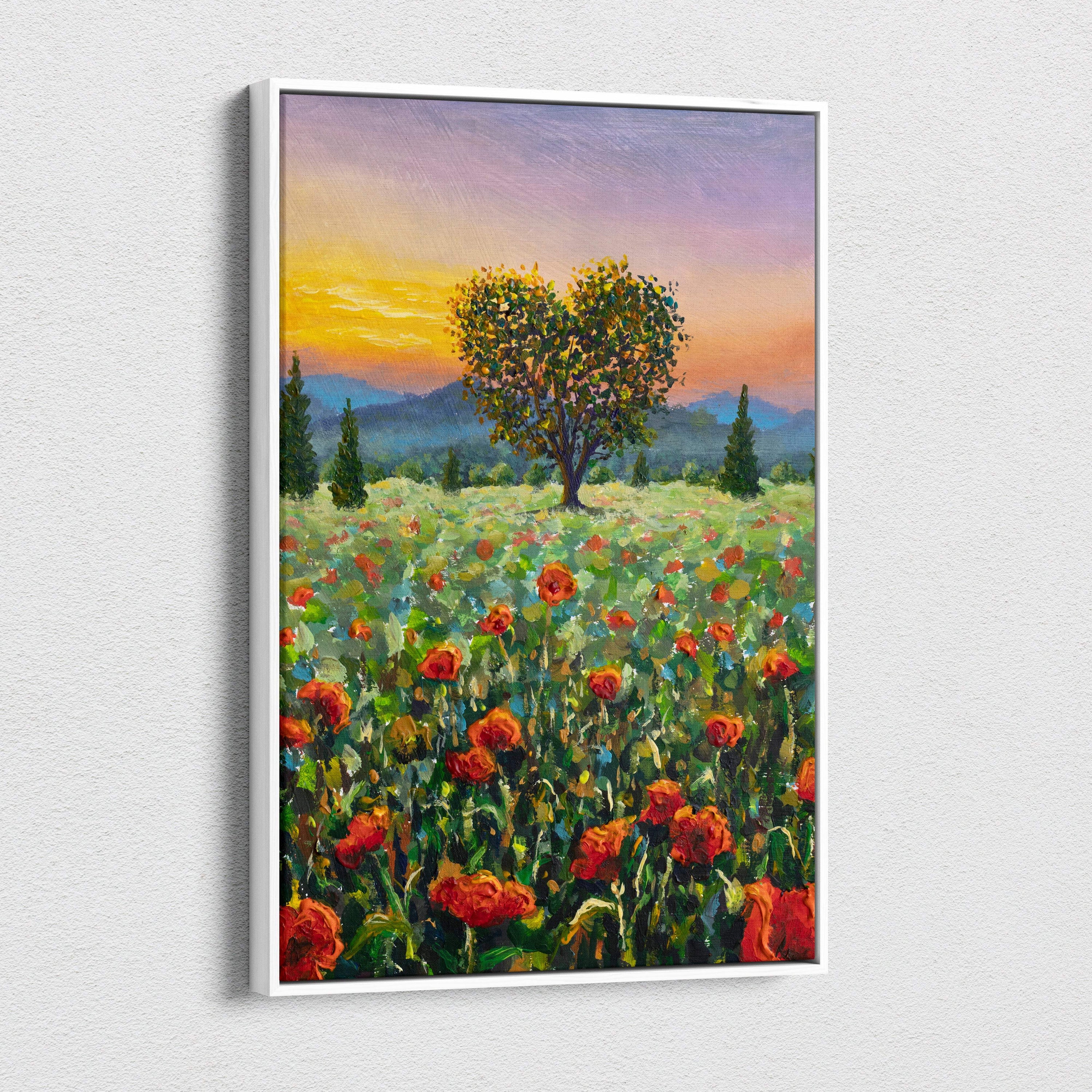 A framed impressionist canvas print of a heart-shaped tree in a red poppy field at sunset golden sky wall art