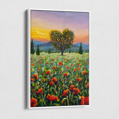 A framed impressionist canvas print of a heart-shaped tree in a red poppy field at sunset golden sky wall art