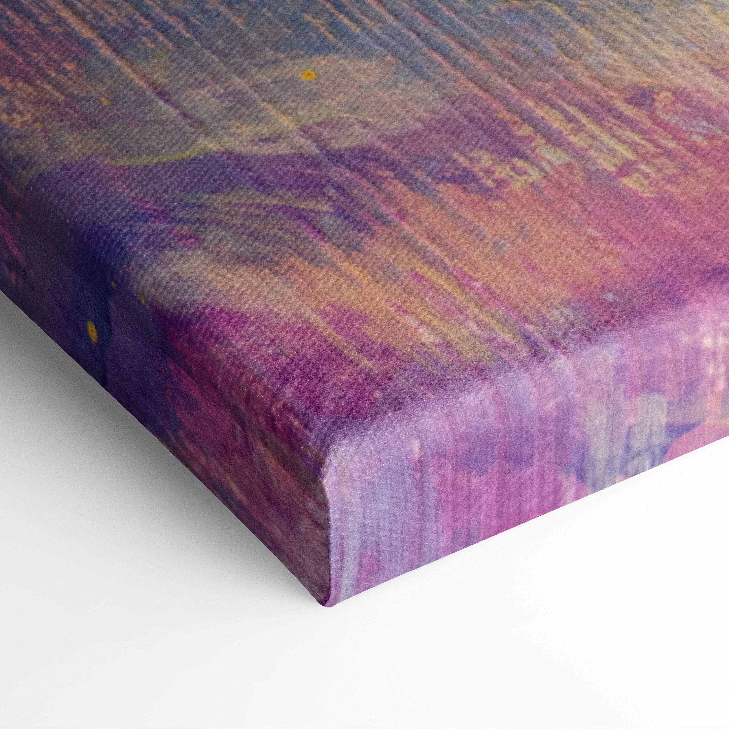 A textured canvas print wall art featuring an abstract blend of deep purples pinks and warm golds in whimsical castle style