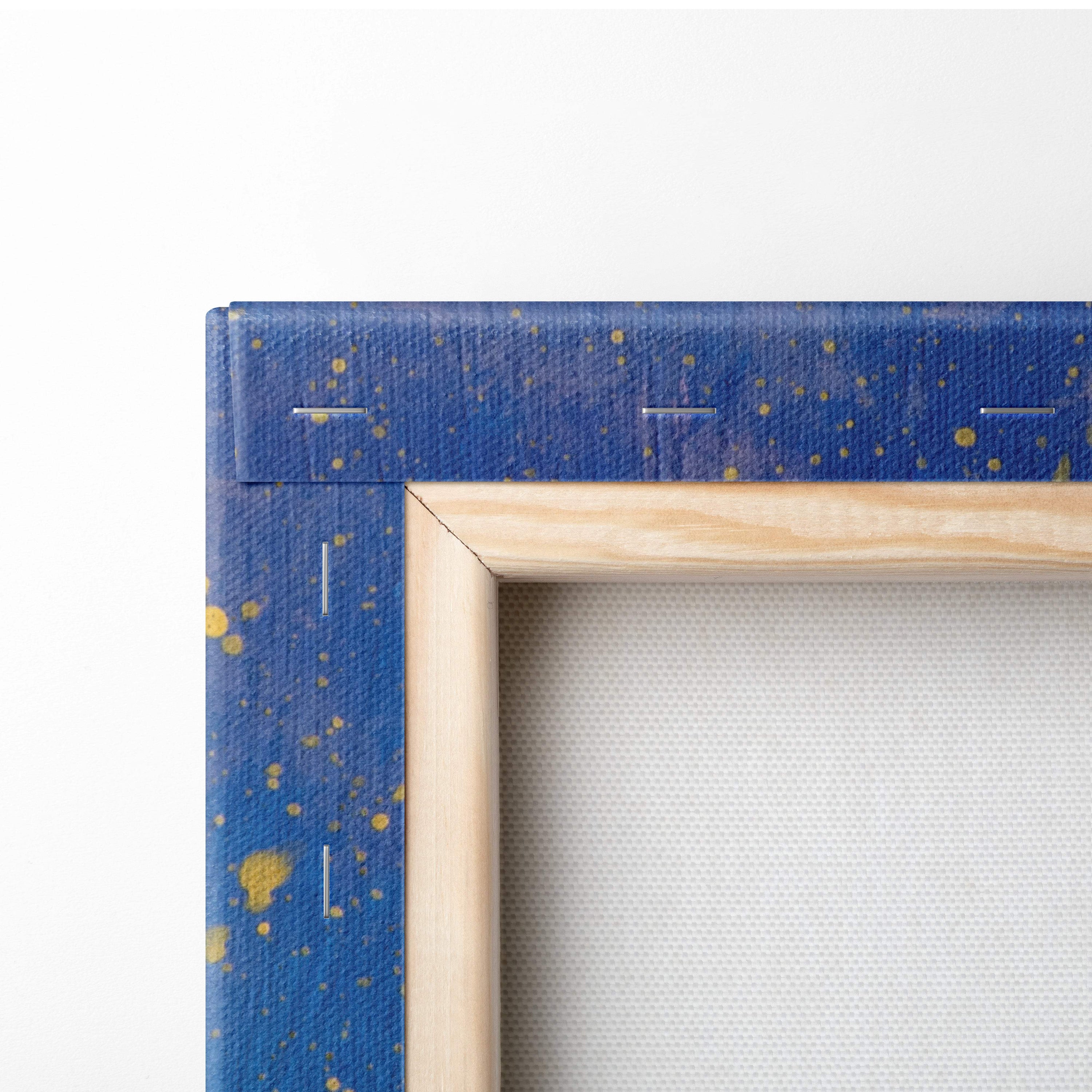 Blue canvas frame with gold splatter paint design and light wood border in whimsical castle in the clouds wall art