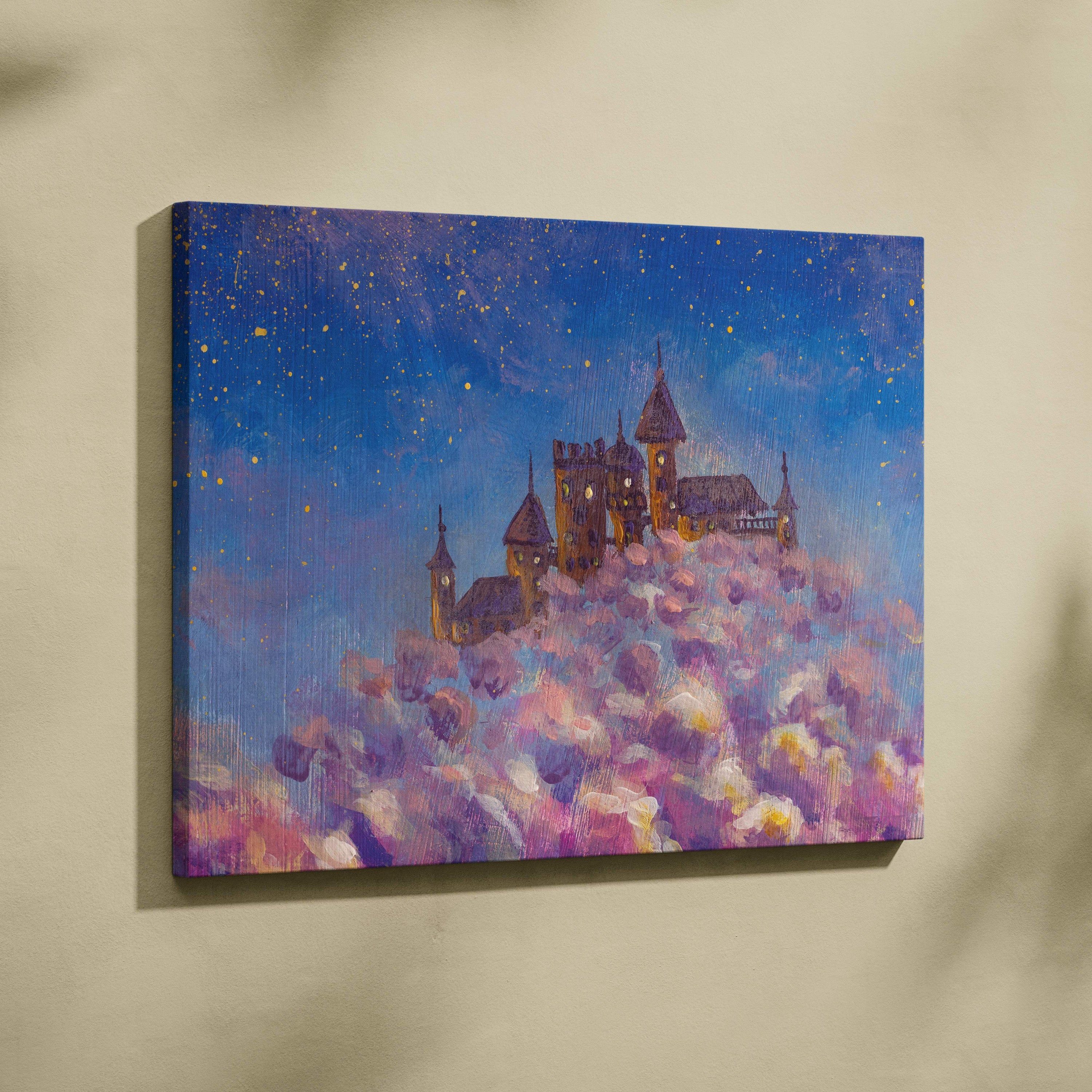 Whimsical castle in the clouds canvas print featuring a dreamy pink and purple floral hill under a starry night sky
