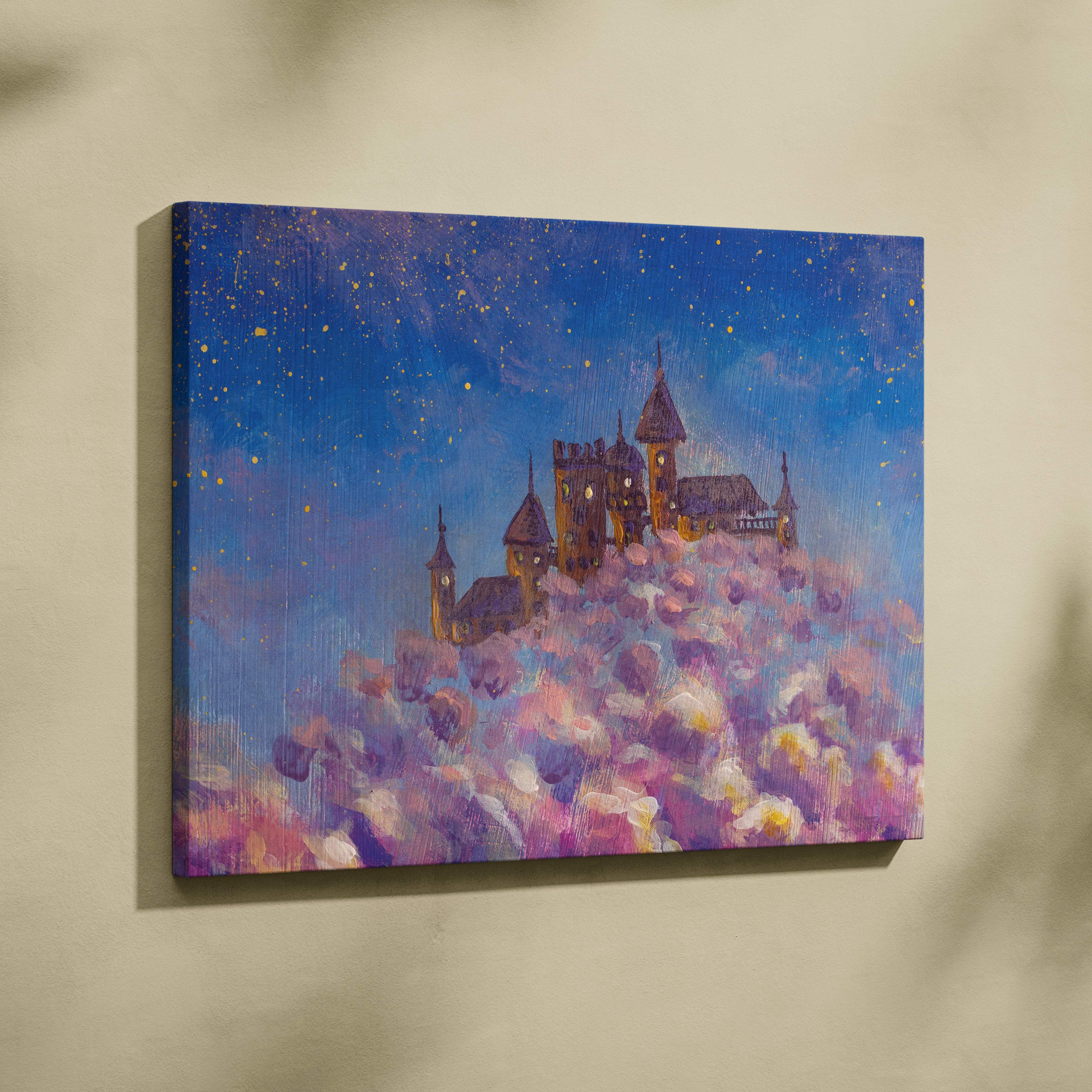 Whimsical castle in the clouds canvas print featuring a dreamy pink and purple floral hill under a starry night sky