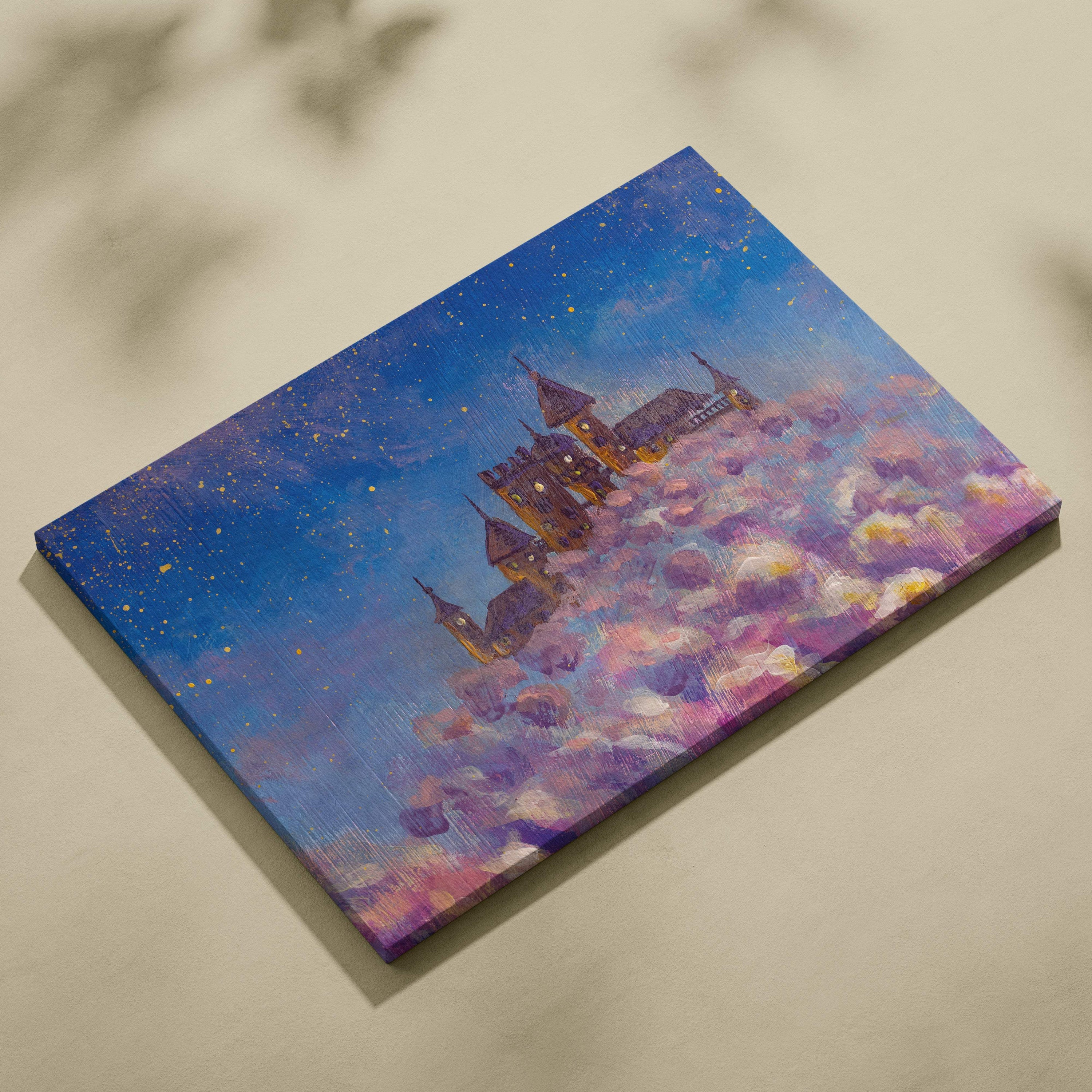 Rectangular canvas painting of a whimsical castle with glowing windows in purple and pink clouds under a starry night sky
