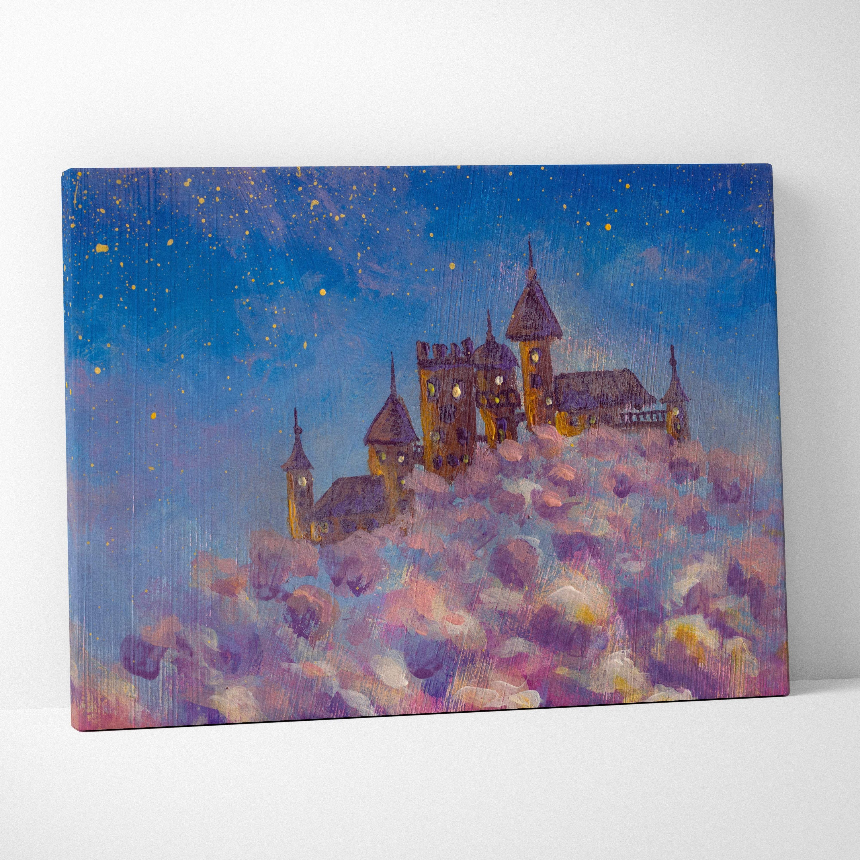 Whimsical castle in the clouds canvas print with purple blue hues and golden accents showing a dreamy night sky scene