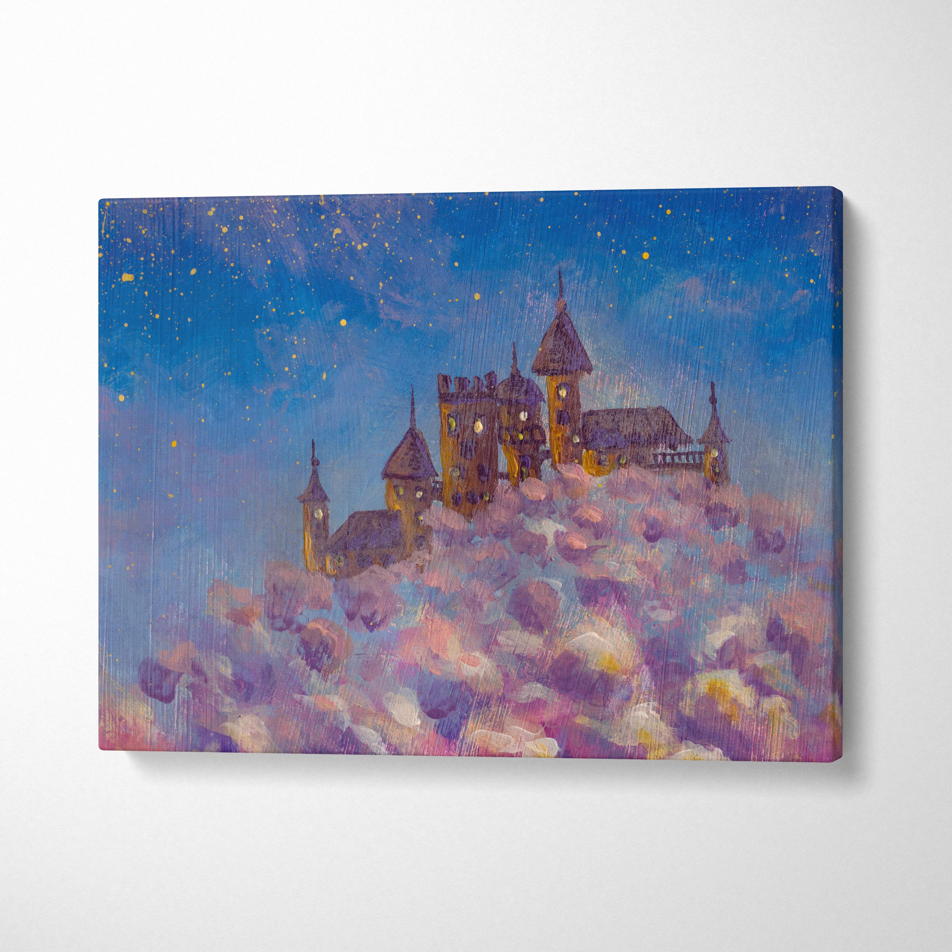 Whimsical castle in the clouds canvas print featuring a dreamy purple and blue night sky with golden lit windows