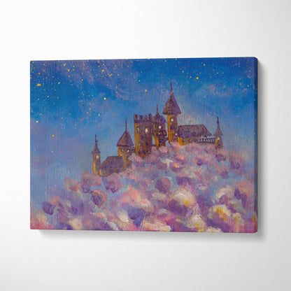 Whimsical castle in the clouds canvas print featuring a dreamy purple and blue night sky with golden lit windows
