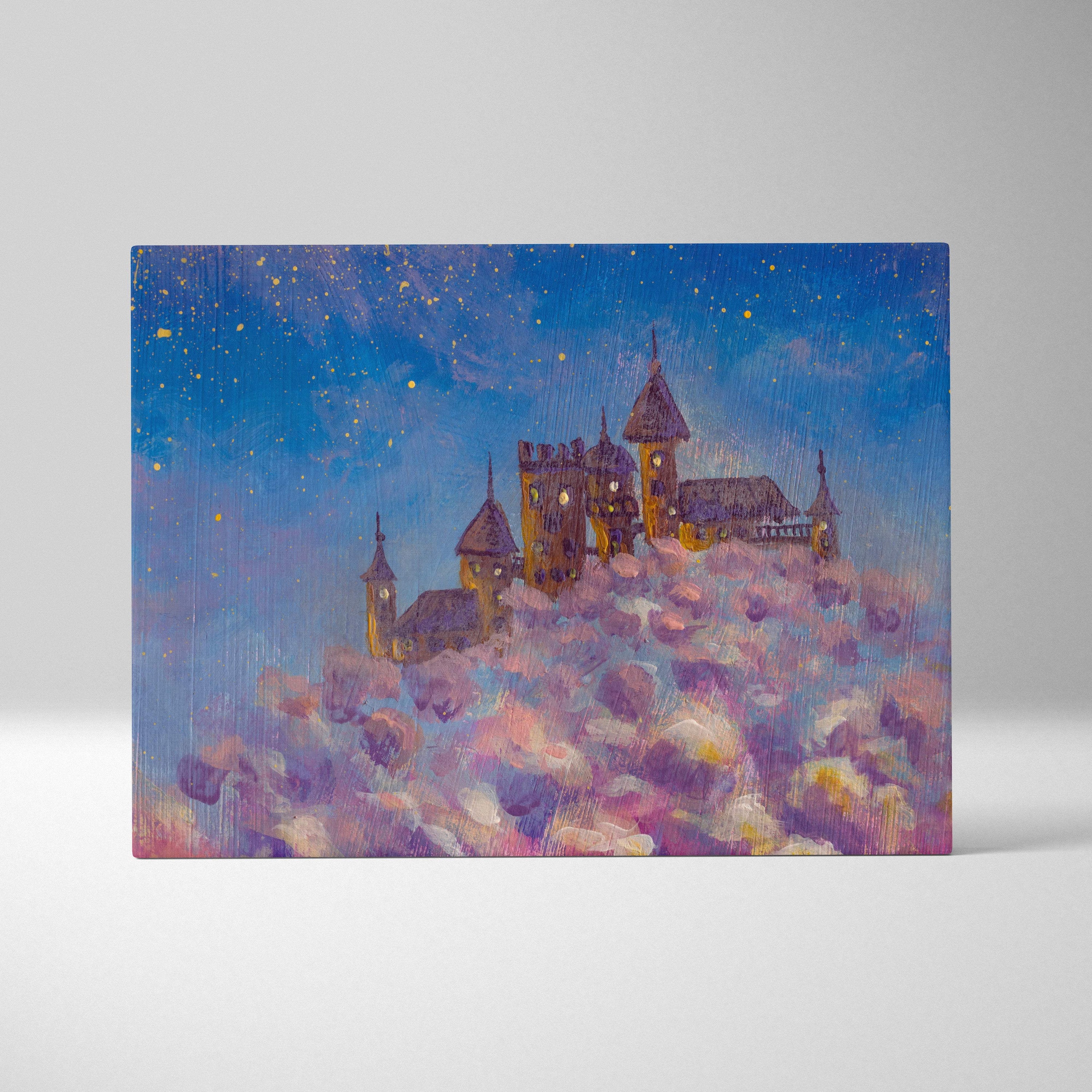 Whimsical castle in the clouds canvas print featuring pastel clouds and starry night sky for fantasy wall art decor