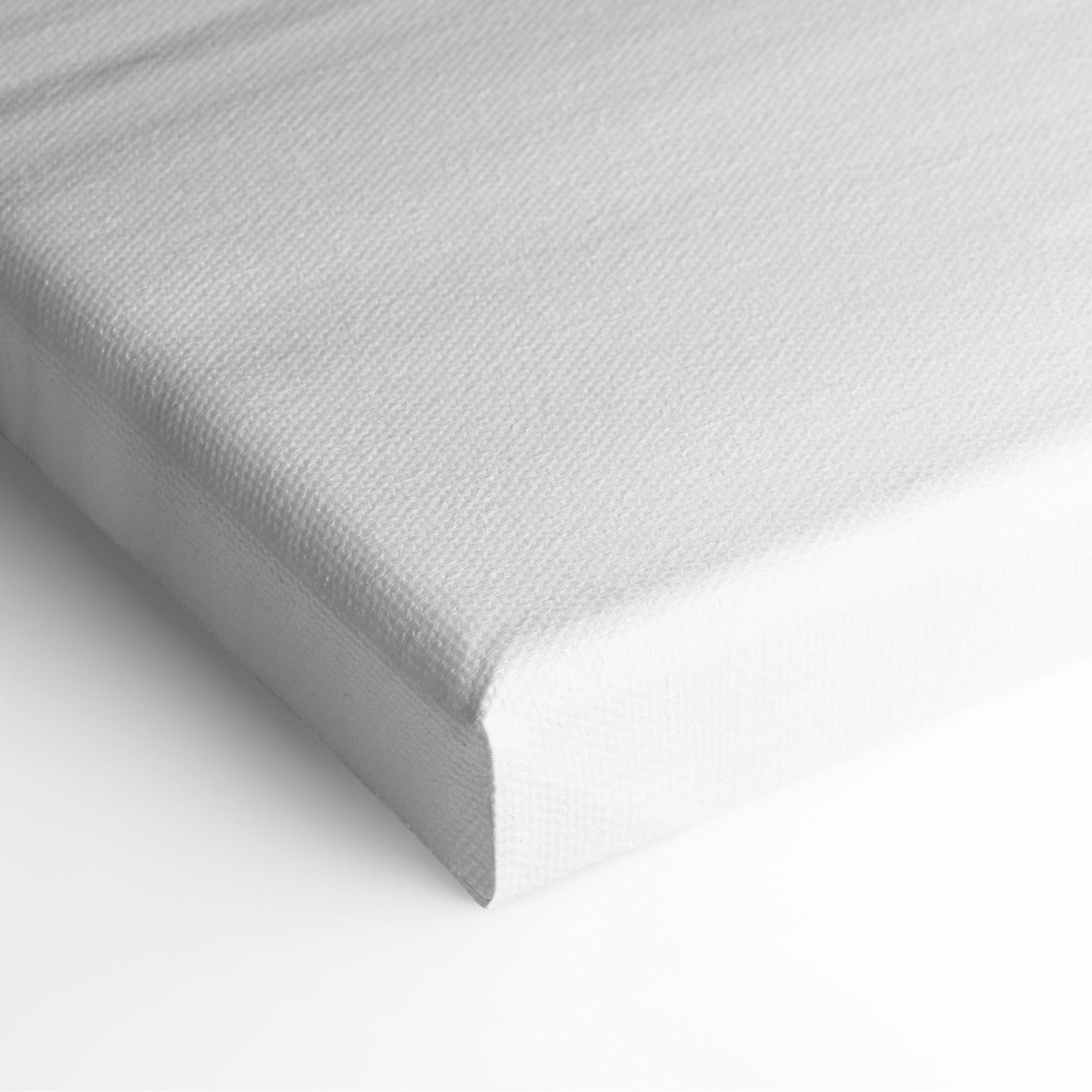 Gray textured canvas with white backing showing the back of minimal mountain lake canvas wall art in asian ink style