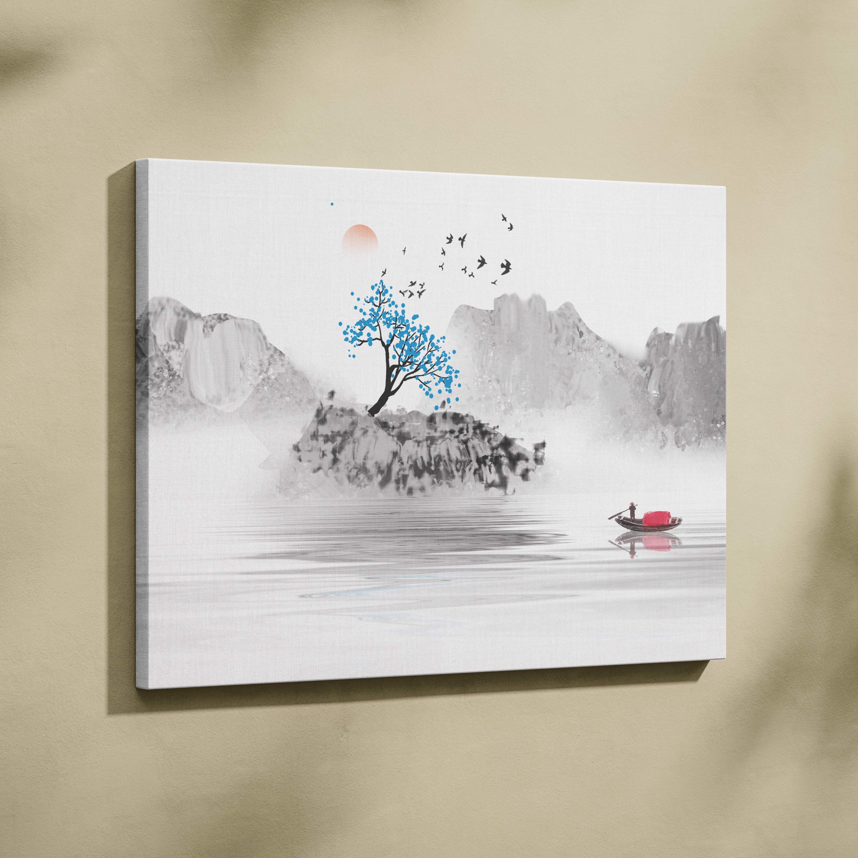 Minimal mountain lake canvas wall art with misty gray blue mountains, blue blossoming tree, and red sail boat decor