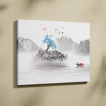 Minimal mountain lake canvas wall art with misty gray blue mountains, blue blossoming tree, and red sail boat decor