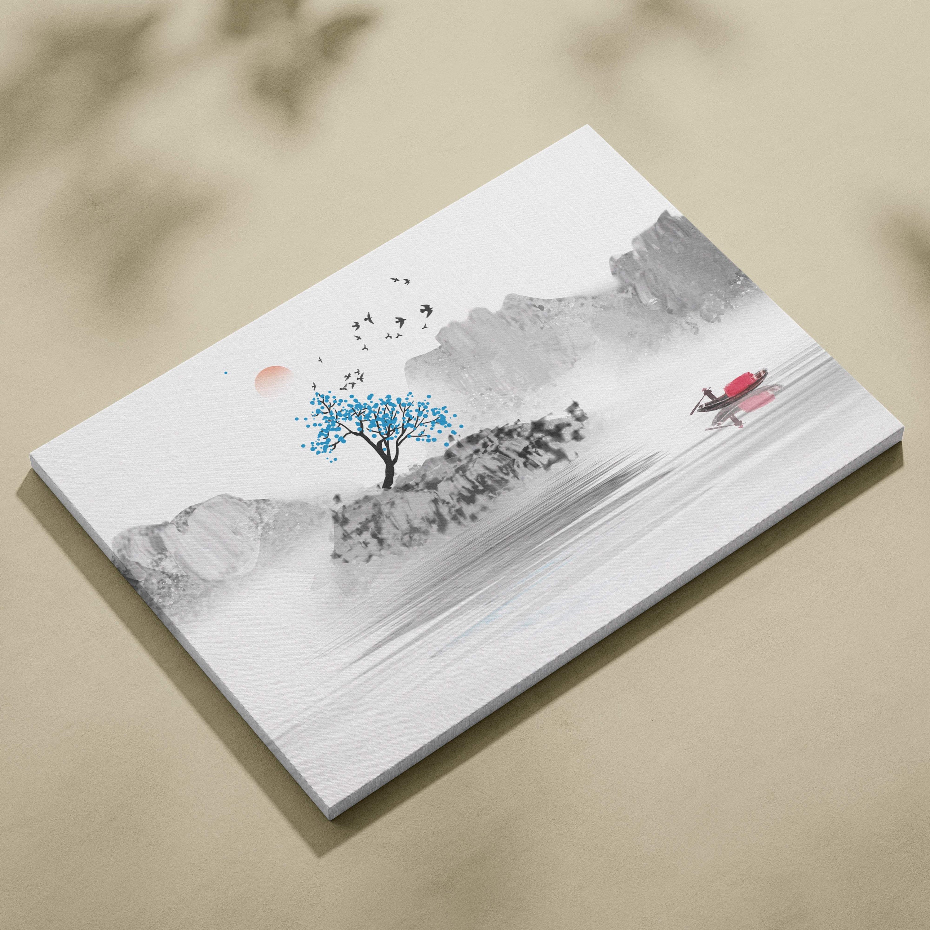 Minimal mountain lake canvas wall art with blue tree red boat gray blue ink-wash landscape for living room decor