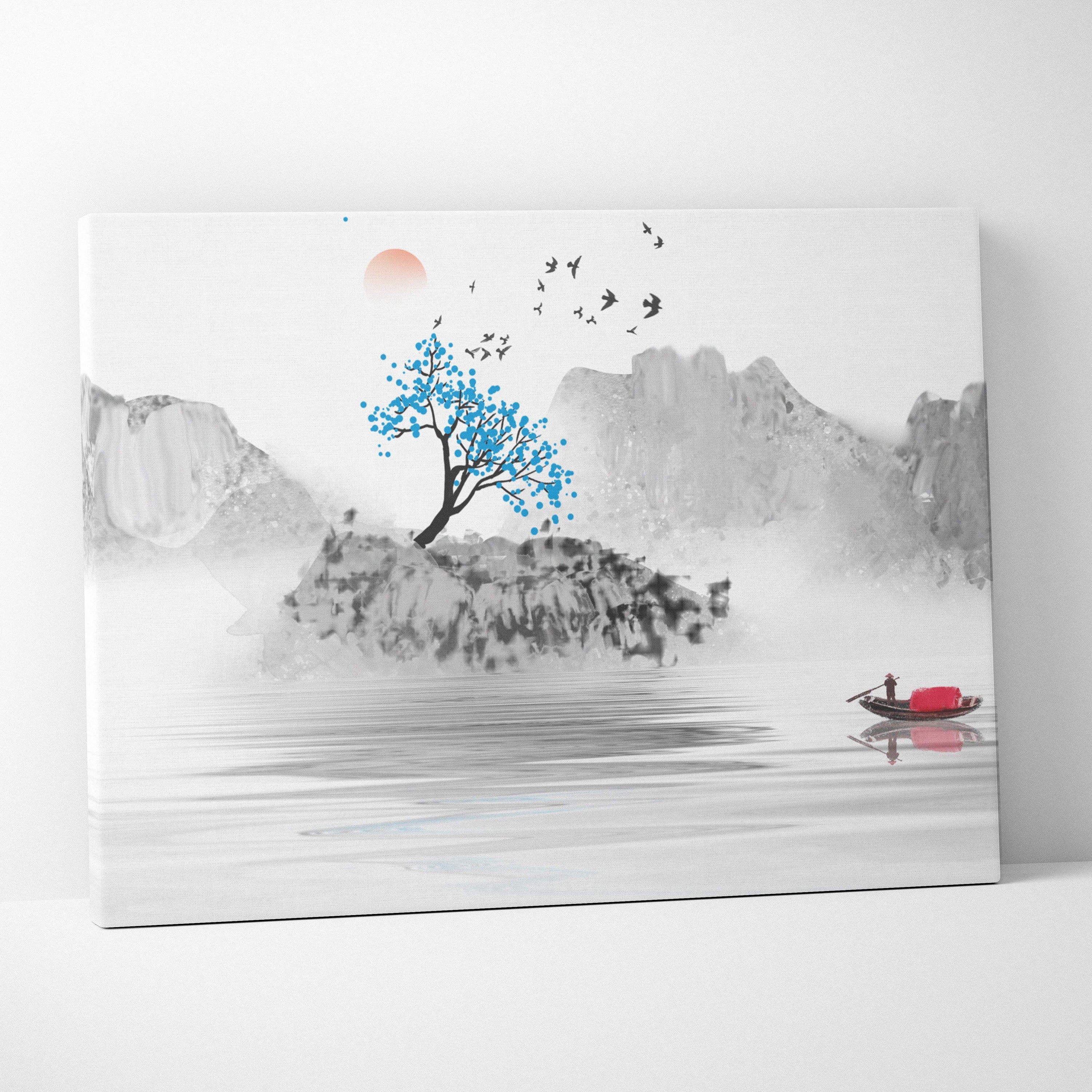 Minimal mountain lake canvas wall art with misty mountains blue tree and boat in gray blue asian ink style for peaceful decor