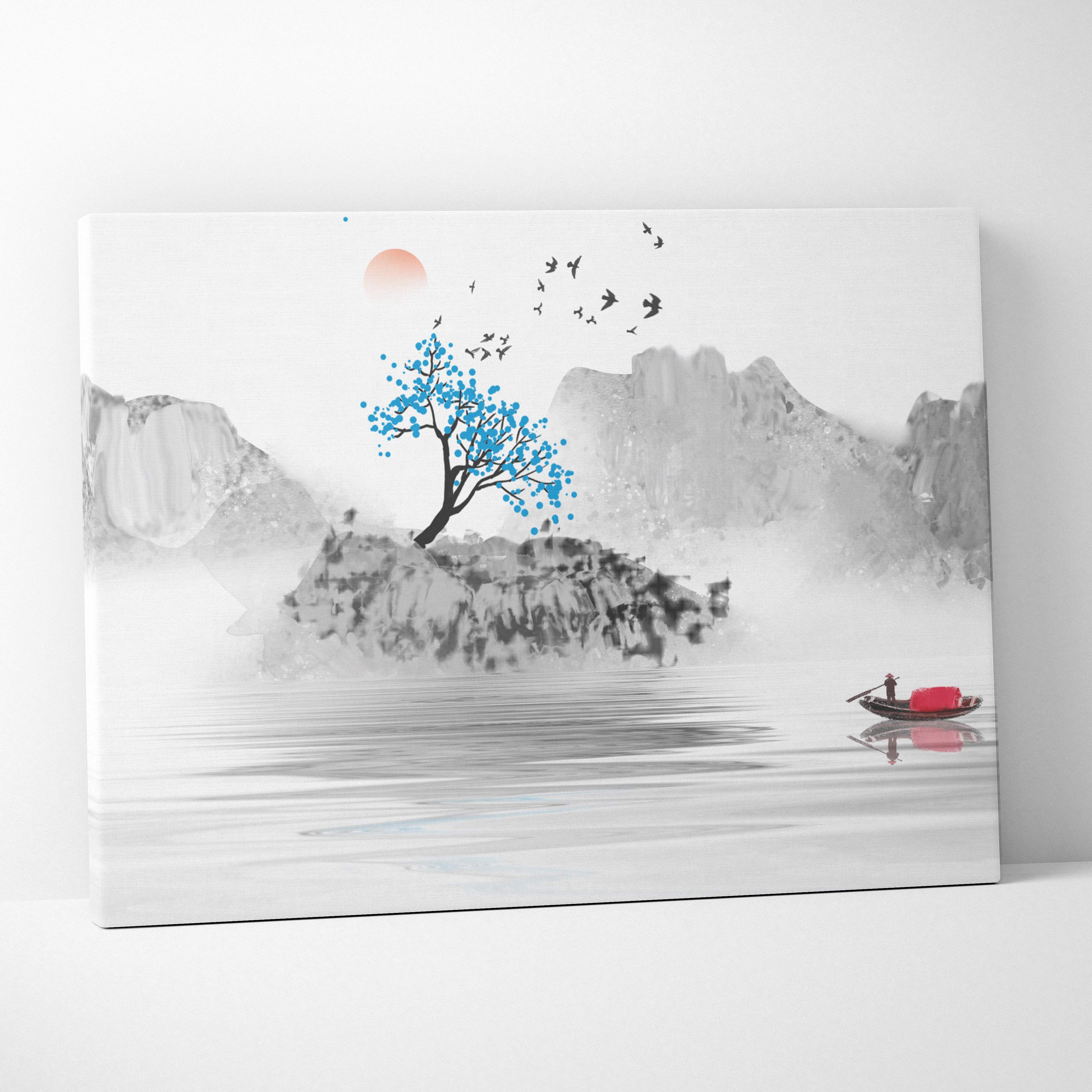 Minimal mountain lake canvas wall art with misty mountains blue tree and boat in gray blue asian ink style for peaceful decor