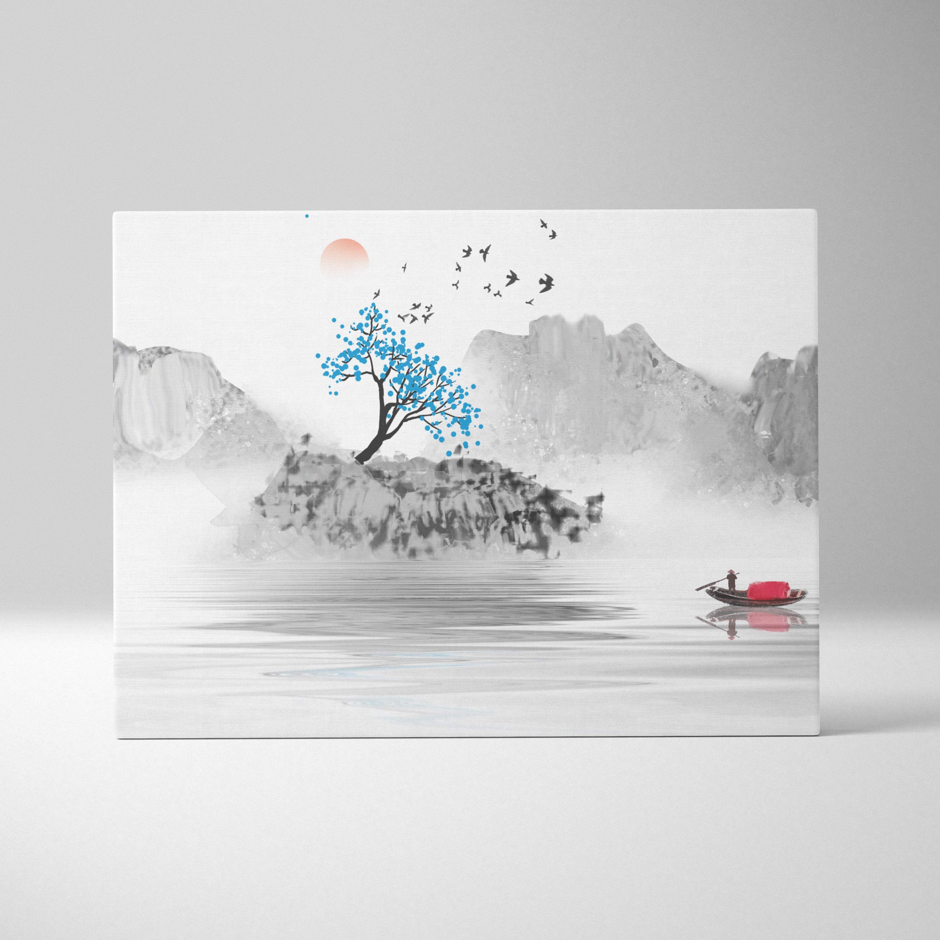 Minimal mountain lake canvas wall art featuring a serene gray blue ink-wash landscape with a blue tree and red boat