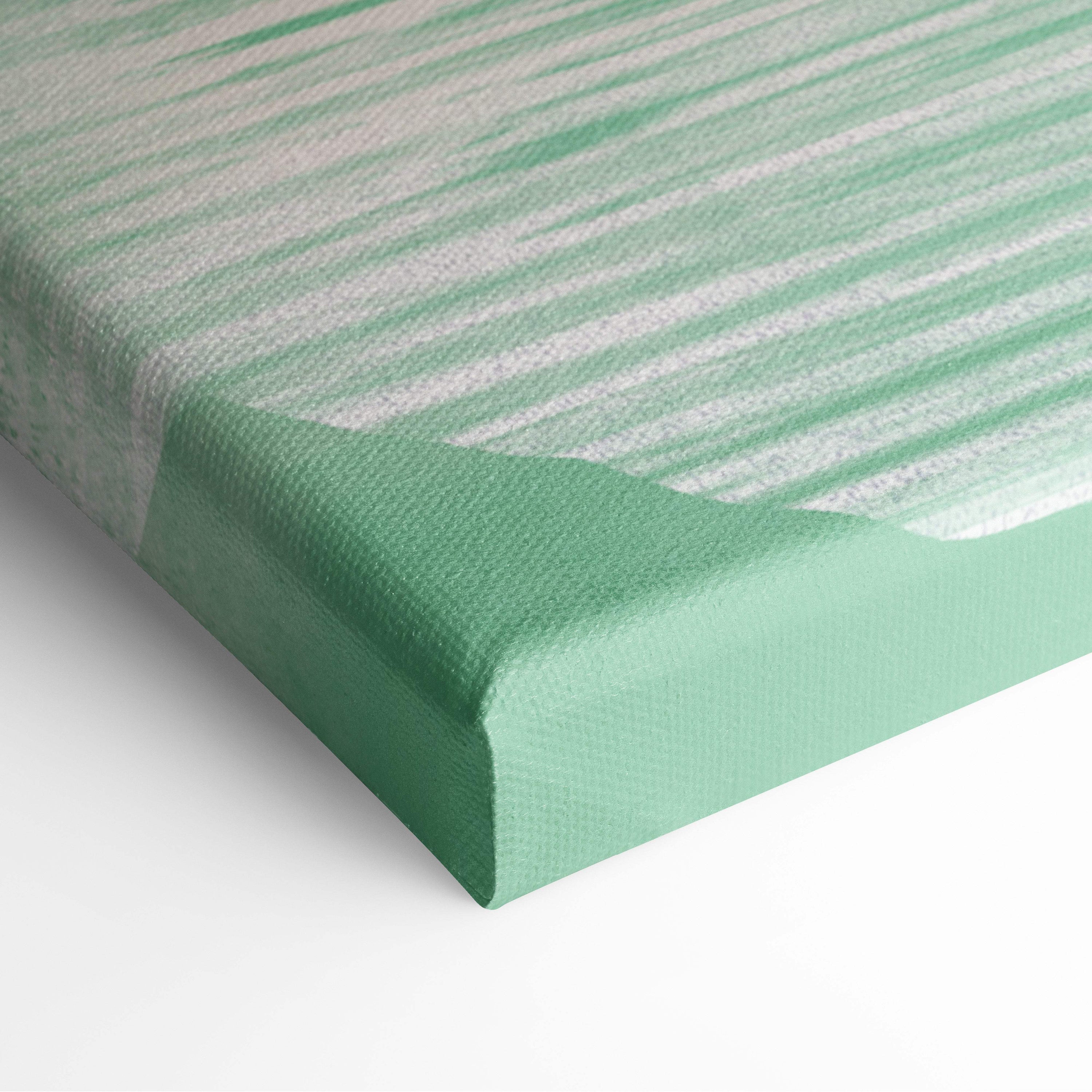 A mint green canvas painting with textured teal brushstrokes in a minimalist asian lake landscape wall art print