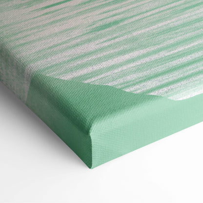 A mint green canvas painting with textured teal brushstrokes in a minimalist asian lake landscape wall art print