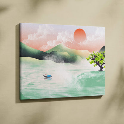 Asian lake landscape canvas print featuring green mountains teal lake and orange sun in minimalist japanese style
