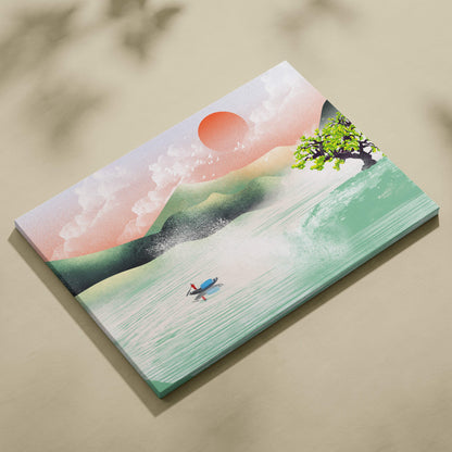 A rectangular canvas print of an asian lake landscape with green hills tree and orange sun in minimalist japanese style